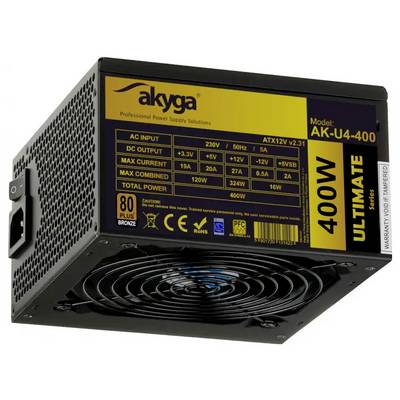 'akyga 400W Ultimate' strømforsyningsenhed, model AK-U4-400. Funktioner: 230V, 50Hz, maksimal strøm 19A, med 80 Plus Bronze-effektivitet.