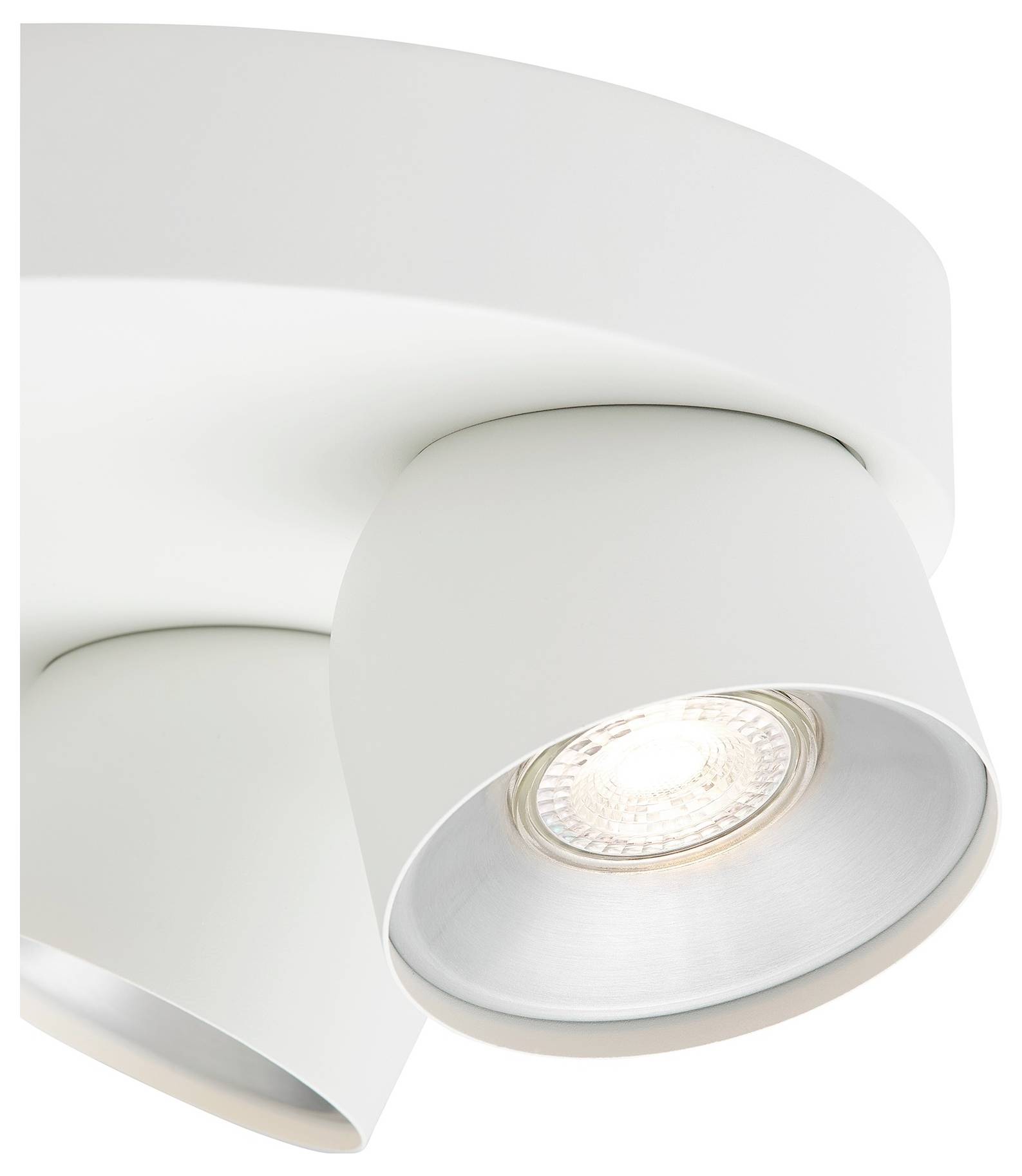 Hvidt moderne loftsspot med et elegant cirkulært design, med en synlig pære som lyser nedad.
