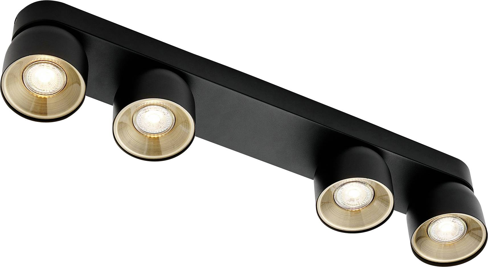 En sort sporlysarmatur med fire justerbare runde spotlights, med gulddetaljer indeni hver lampe.
