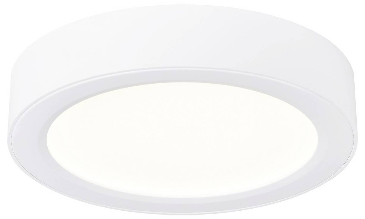 En rund, hvid, indbygnet LED-loftsarmatur, der udsender et blødt hvidt lys.