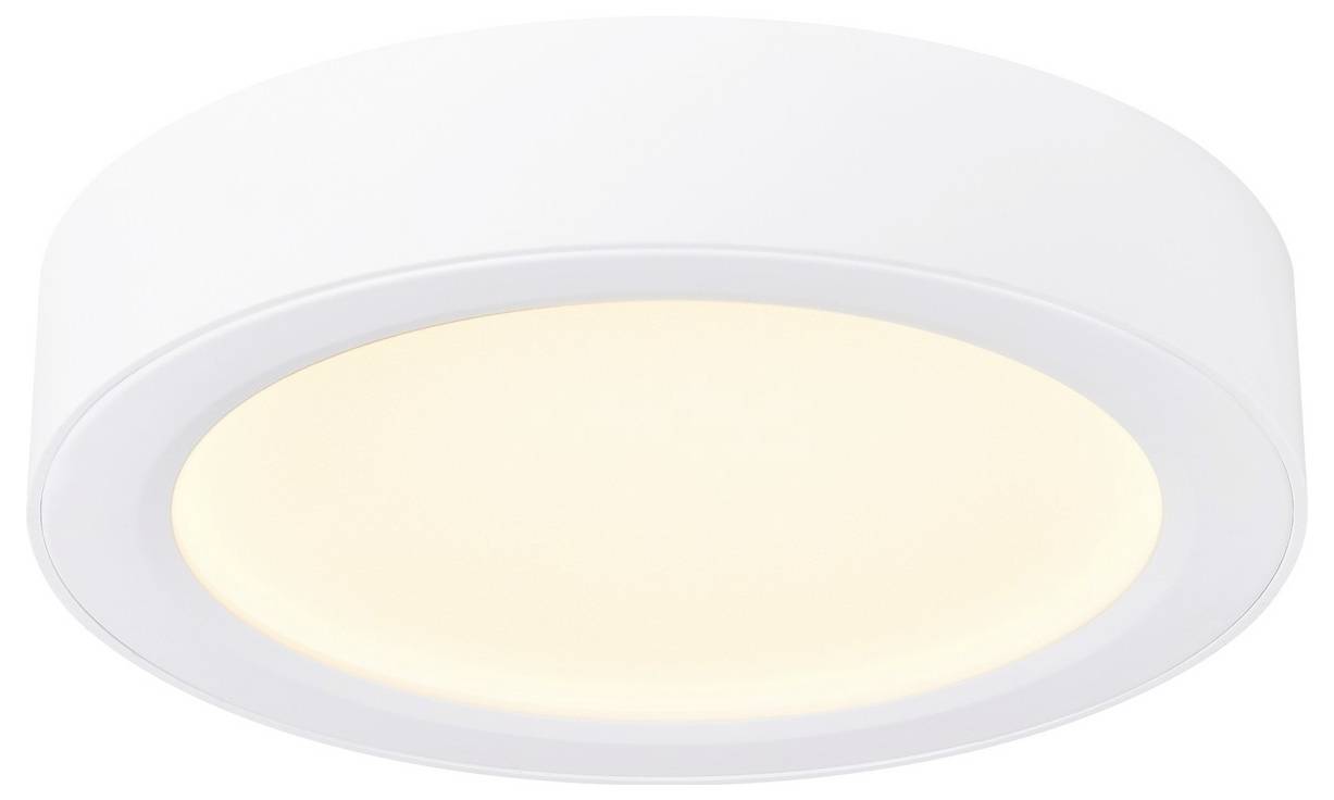 Et rundt, moderne loftslampe med en glat hvid overflade og et varmt, skinnende center.