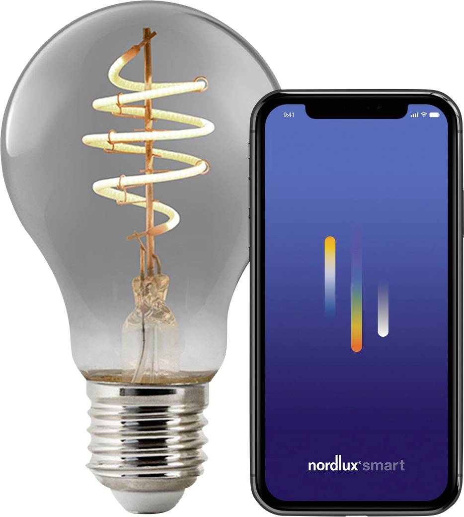 En lyspære med en spiralfølgeglødetråd ved siden af en smartphone, der viser en blå skærm med Nordlux Smart-app-grænsefladen.