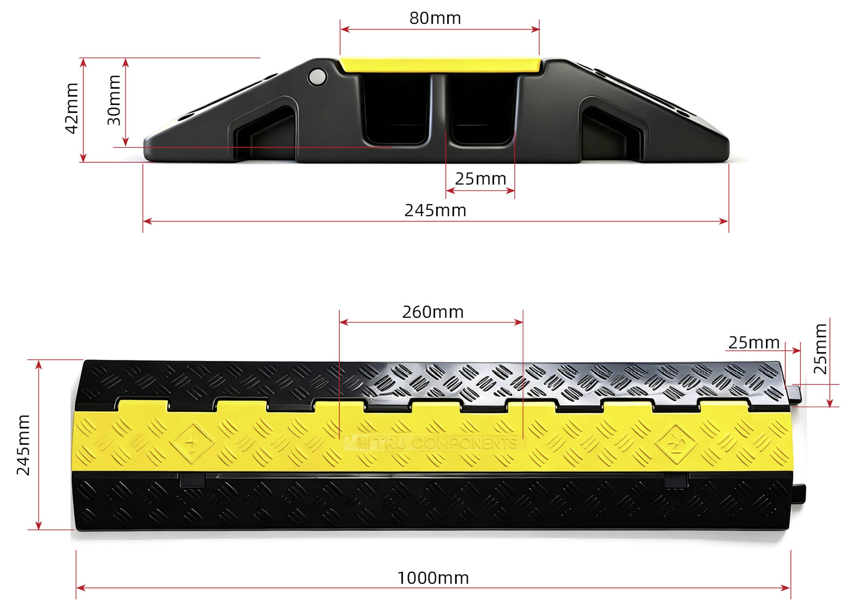 Dimensionerede tegninger af en kabelbeskytelses rampe: side- og topvisninger, der viser en sort og gul modulær enhed, 1000 mm lang, 245 mm bred og 42 mm høj.