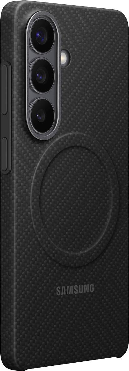 Et slankt, sort struktureret smartphoneetui med et synligt kameraudsparingog et cirkulært design i midten, designet til Samsung-telefoner.