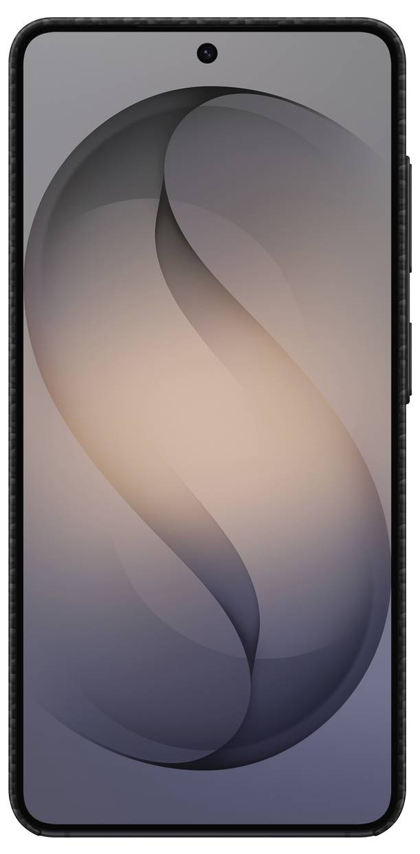 En smartphone med fuldskærm-display, med en gradient-baggrund og et stort stiliseret 'S' i midten.