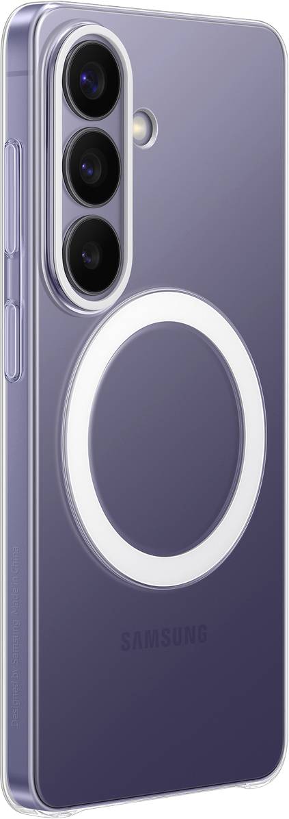 En smartphone med et stort cirkulært design på bagsiden, med et tredobbelt kamerasetup og et elegant, moderne design.