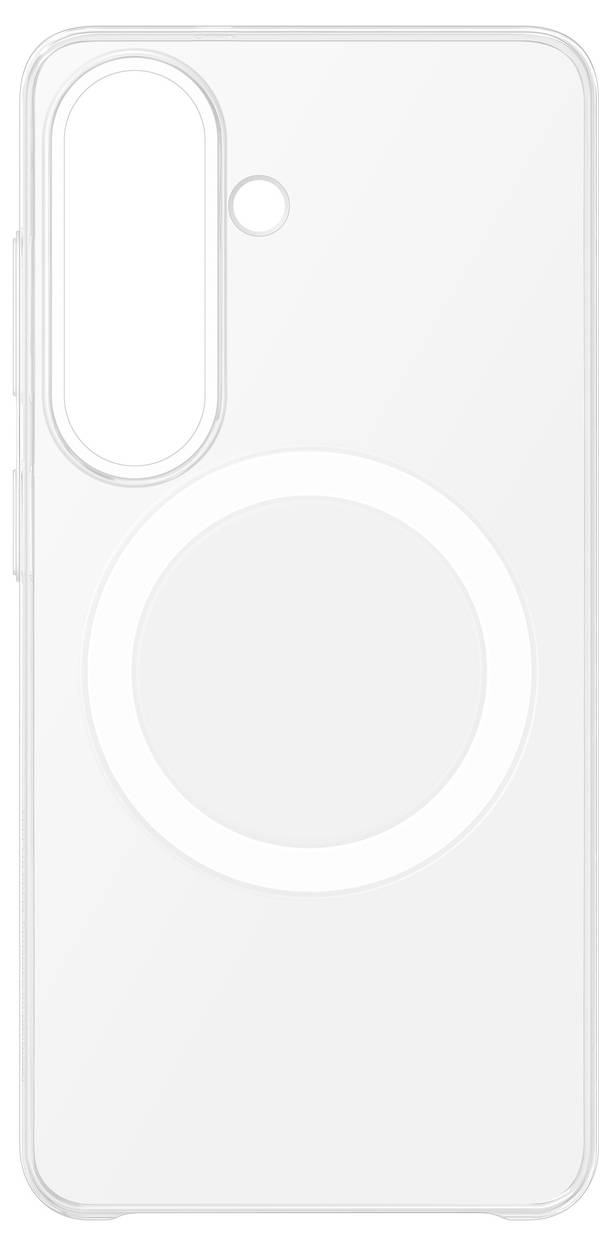 Klart telefoncover med en cirkulær ring i midten, designet til en smartphone med lodret kameraplacement.