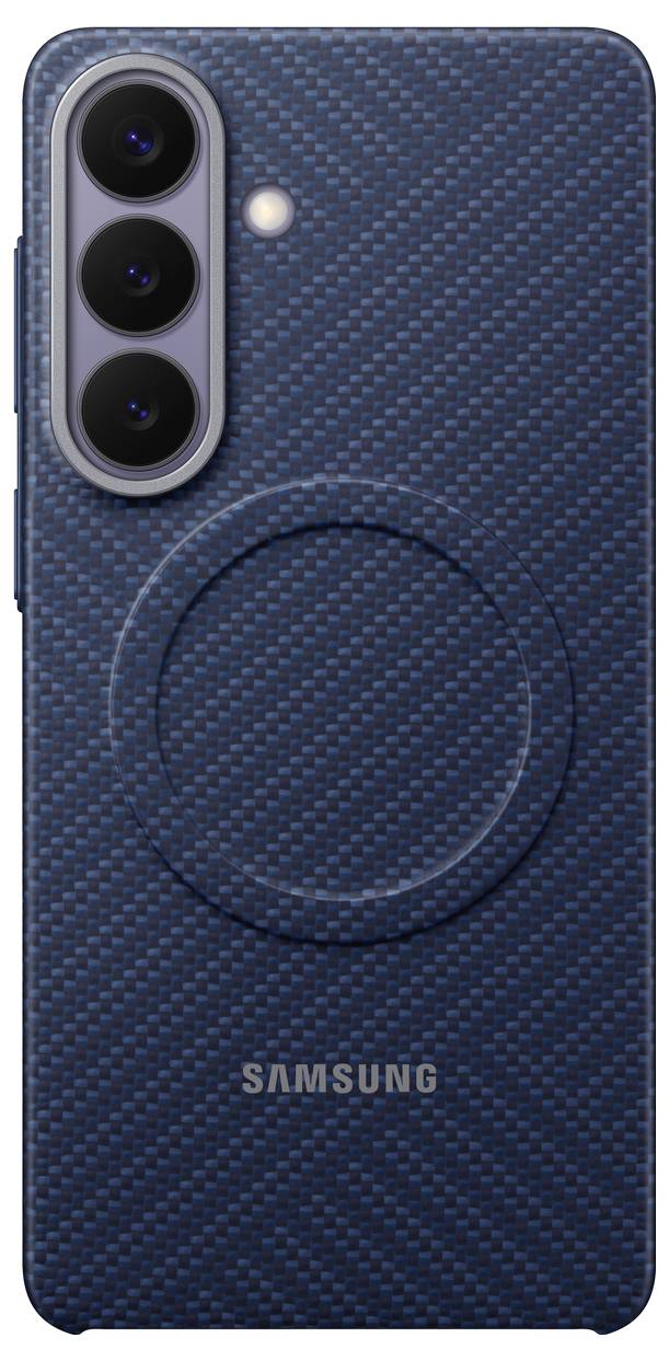 Et Samsung-telefoncover med et blåt struktureret mønster, der viser tre kameraobjektiver og et hævet cirkeldesign i midten.