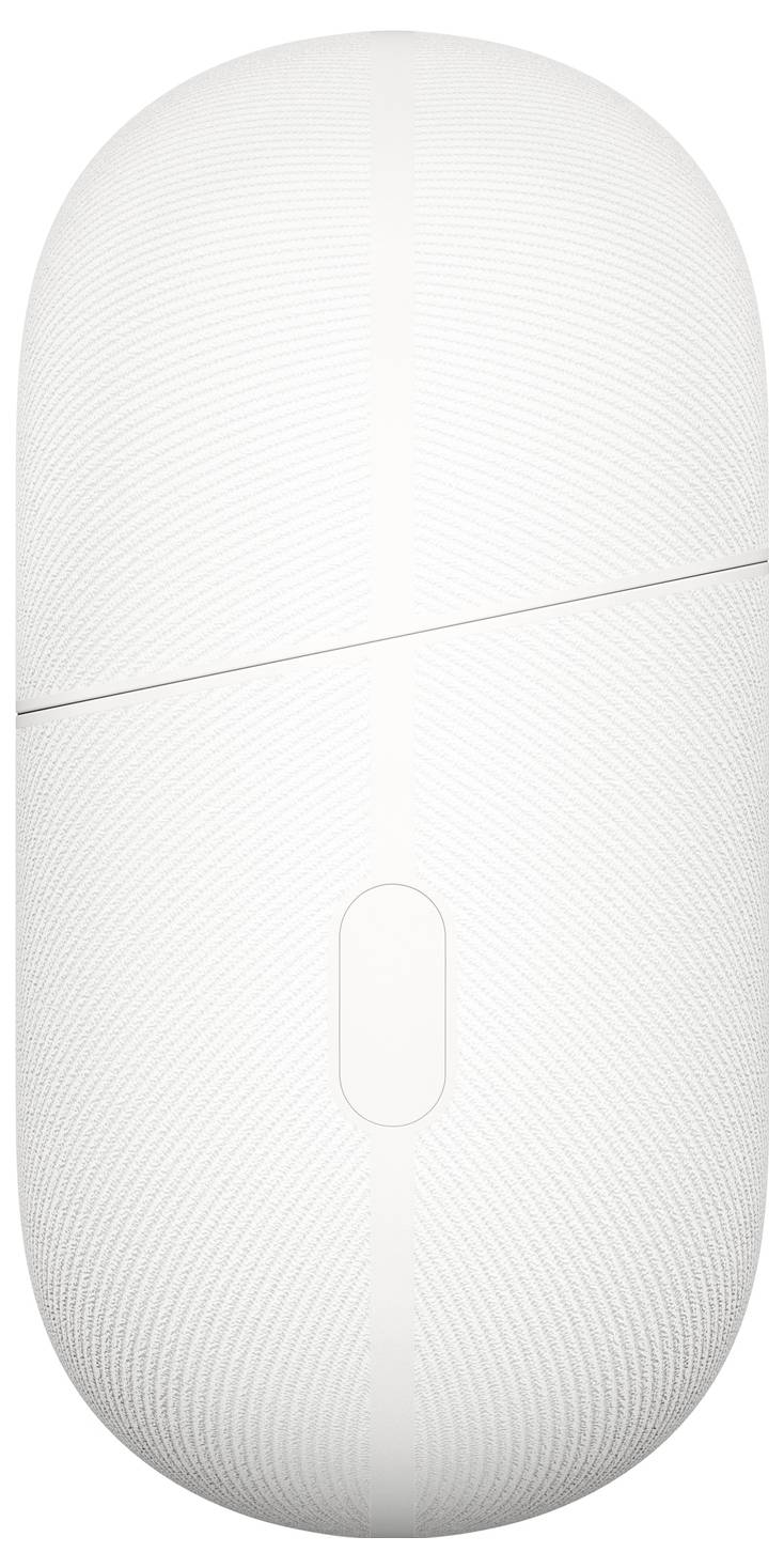 En hvid, oval-formet trådløs mus med et elegant design, som har en central knap og en struktureret overflade.