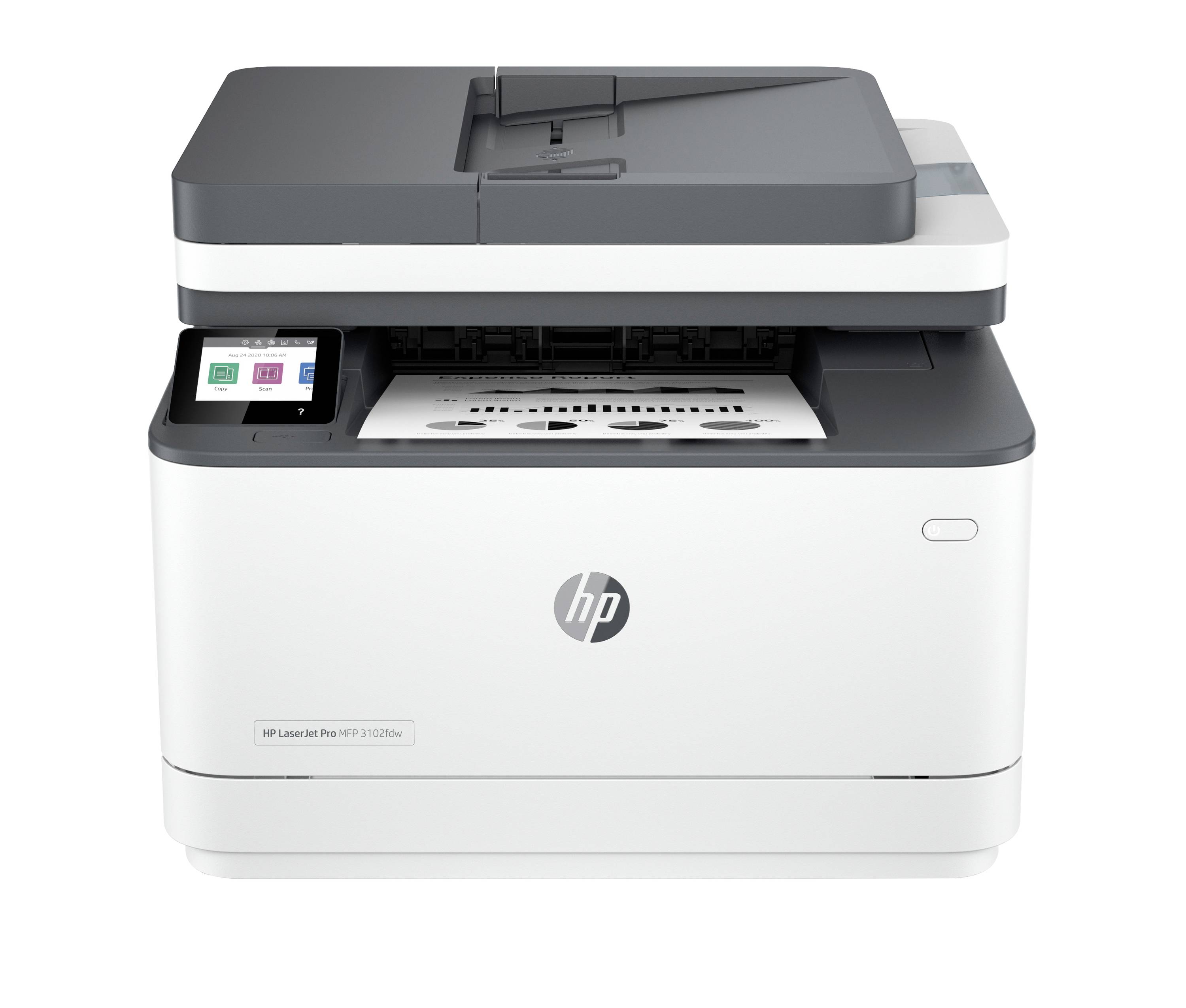 Frontal visning af en HP alt-i-en-laserprinter med touchscreen, der viser et trykt ark indlæst i udgangsbakken.