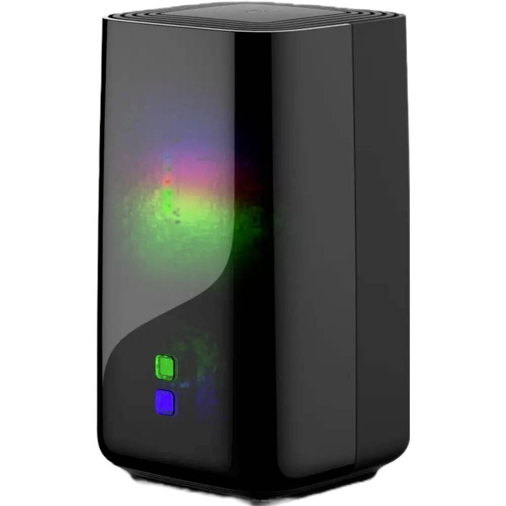 En elegant sort elektronisk enhed med glødende multicolored lys og to synlige knapper på forsiden, sandsynligvis en moderne router eller modem.