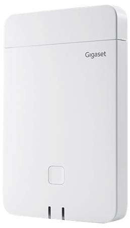 En hvid Gigaset-enhed med en rektangulær form og en lille centralknap på den nederste halvdel.