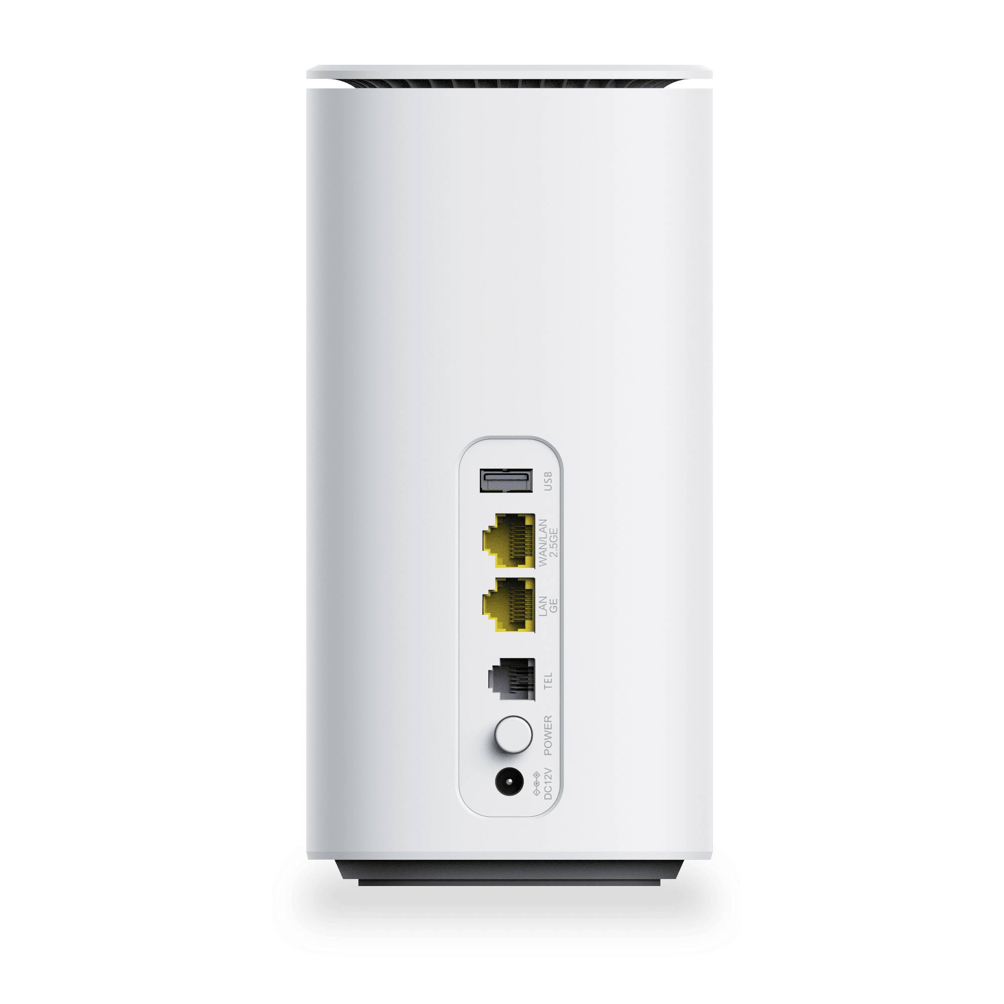 'Netværksruter med to Ethernet-porte, en USB-port, en nulstillingsknap og strøminput på bagsiden, der viser tilslutningsindstillinger.'