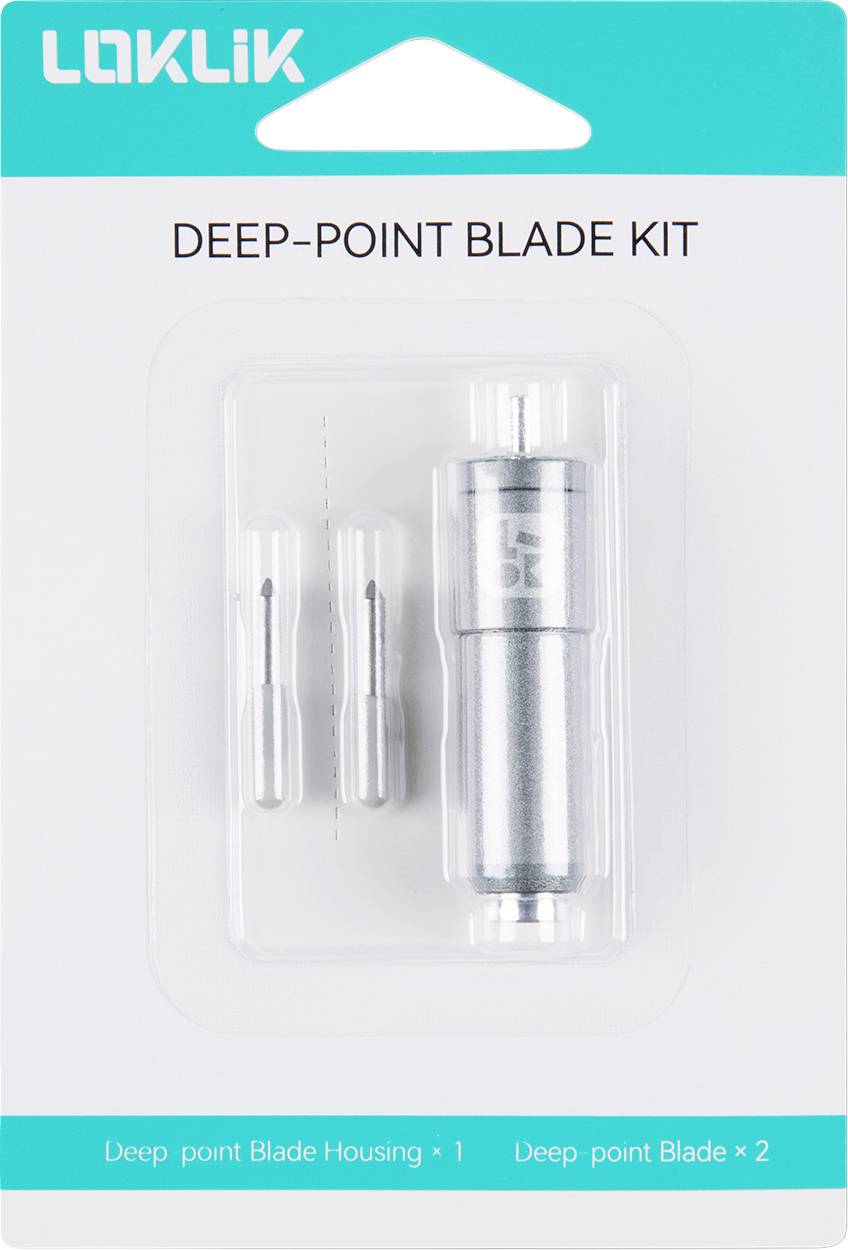 'Deep-Point Blade Kit' emballage fra Loklik, der viser to blade og en bladholder, sat på en lys baggrund.