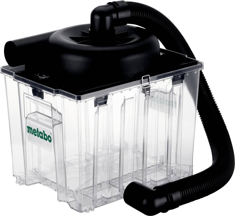 En klar plastikstøvsamlercontainer med sort låg og slangeforbindelse, med mærkenavnet 'Metabo' synligt på siden.