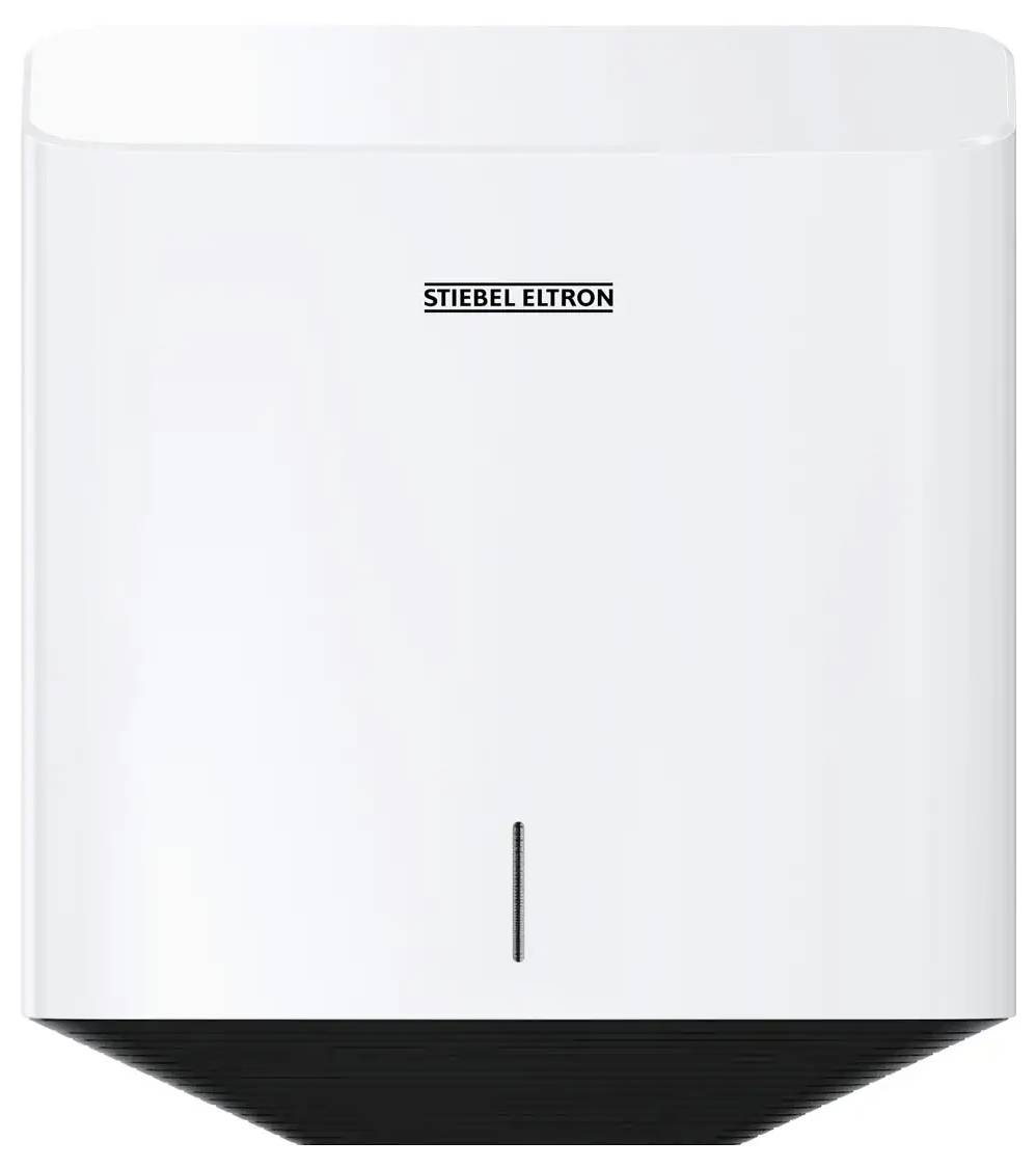 'En hvid Stiebel Eltron håndtørrer med et elegant, moderne design, der er udstyret med en sort base. Typisk anvendt på offentlige eller kommercielle toiletter.'