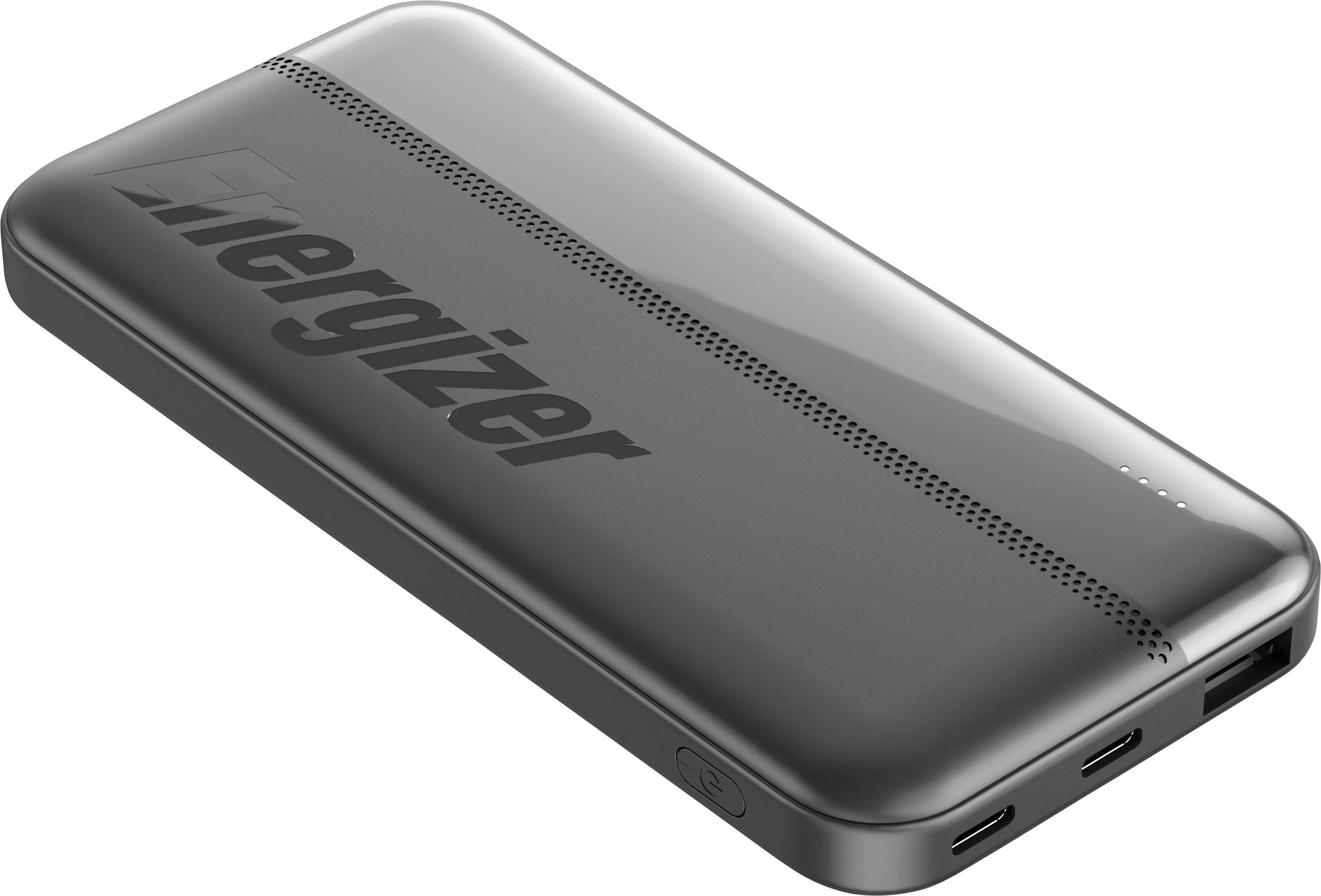 'En elegant sort bærbar powerbank med Energizer-logoet, udstyret med to USB-porte og en strømknap på siden.'