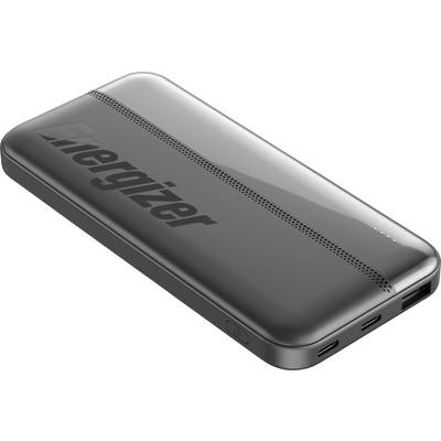 'En elegant sort bærbar powerbank med Energizer-logoet, udstyret med to USB-porte og en strømknap på siden.'
