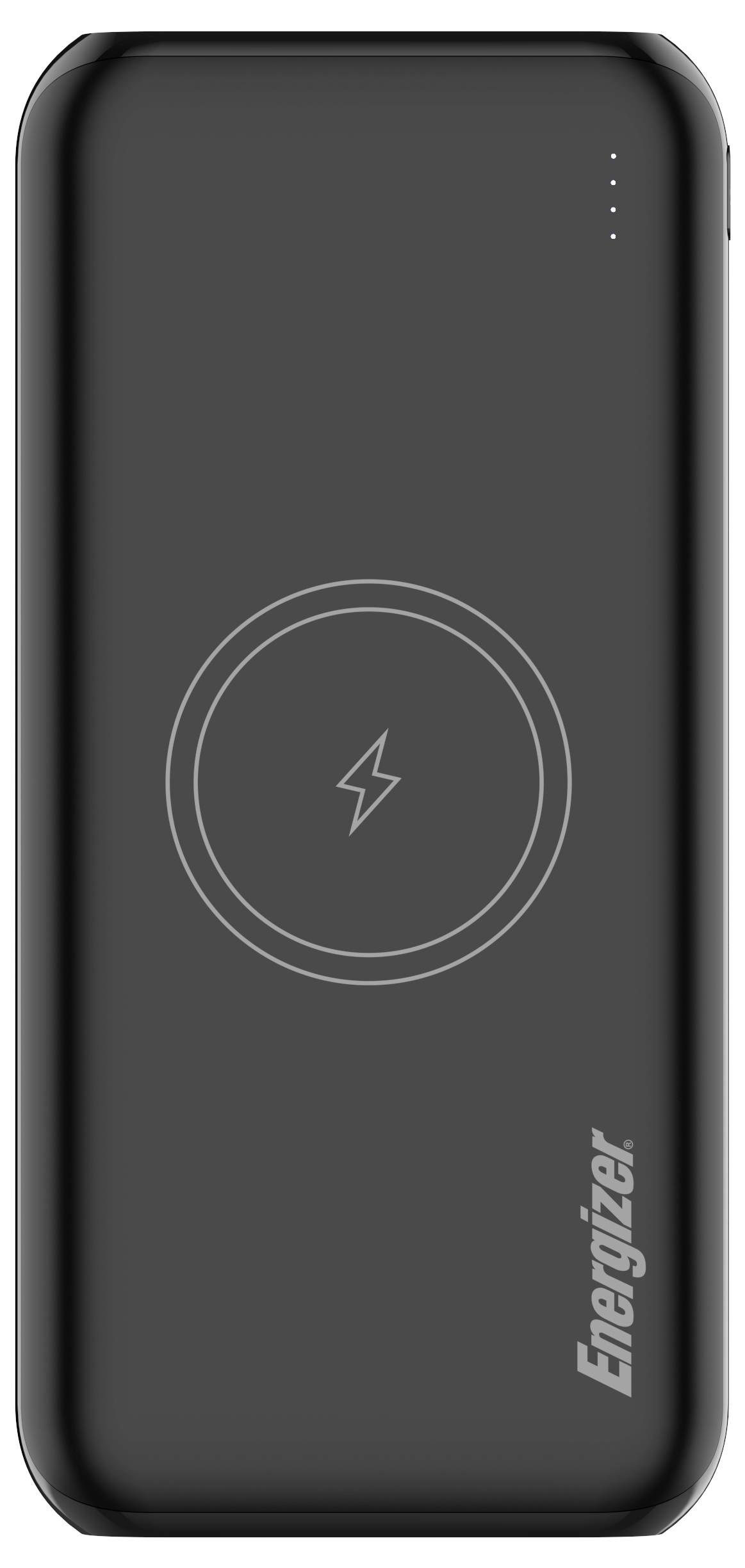 En sort Energizer trådløs powerbank med et opladningssymbol på forsiden og LED-indikatorer i øverste højre hjørne.