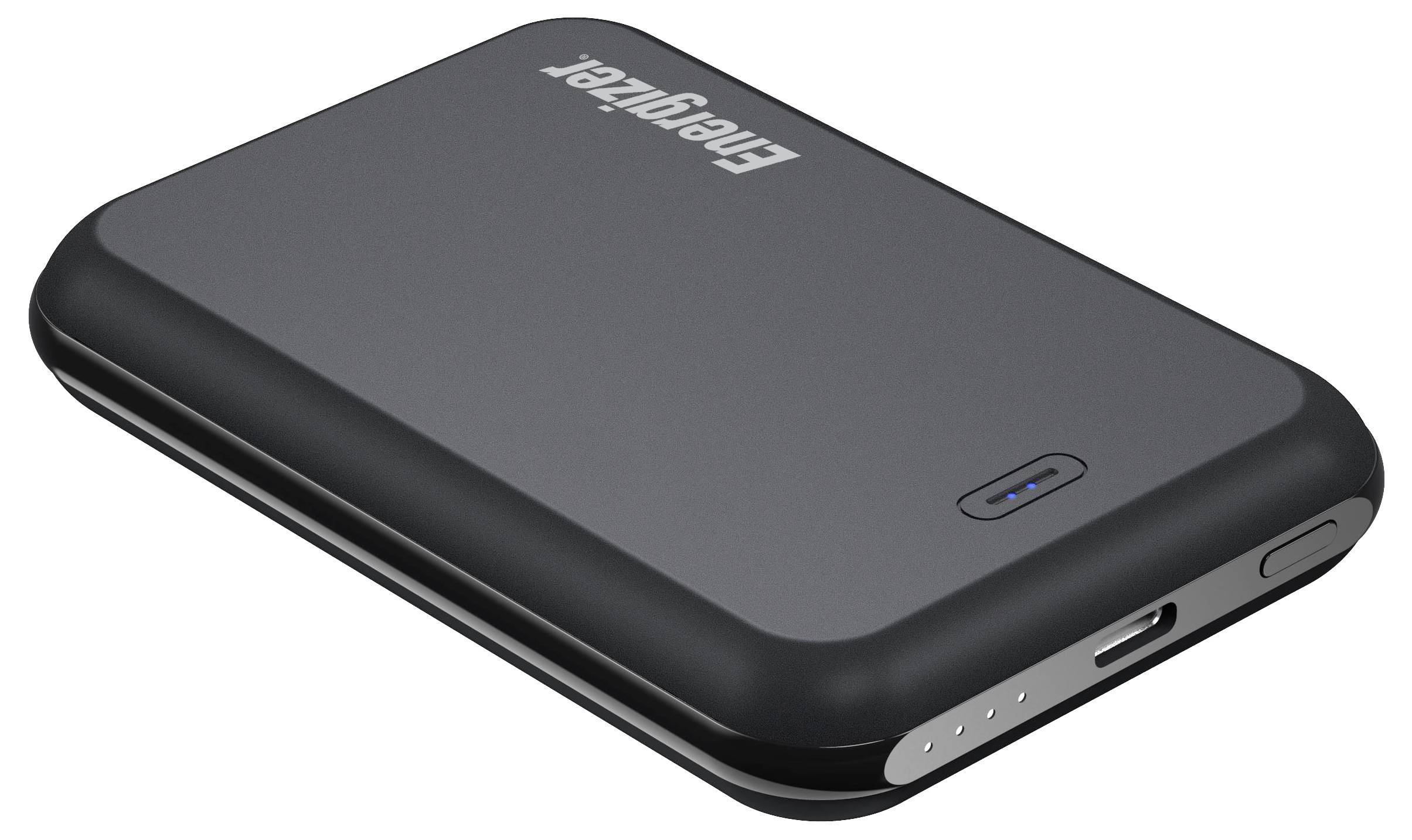 En elegant sort powerbank mærket 'Energizer' med en USB-port og indikatorbatterier på siden.