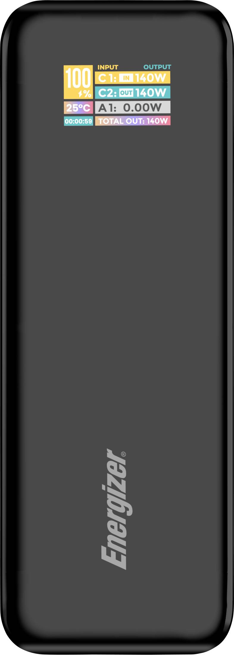 En sort Energizer powerbank med digitalt display, der viser detaljer om input- og outputeffekt, herunder 140W input og 160W samlet output.