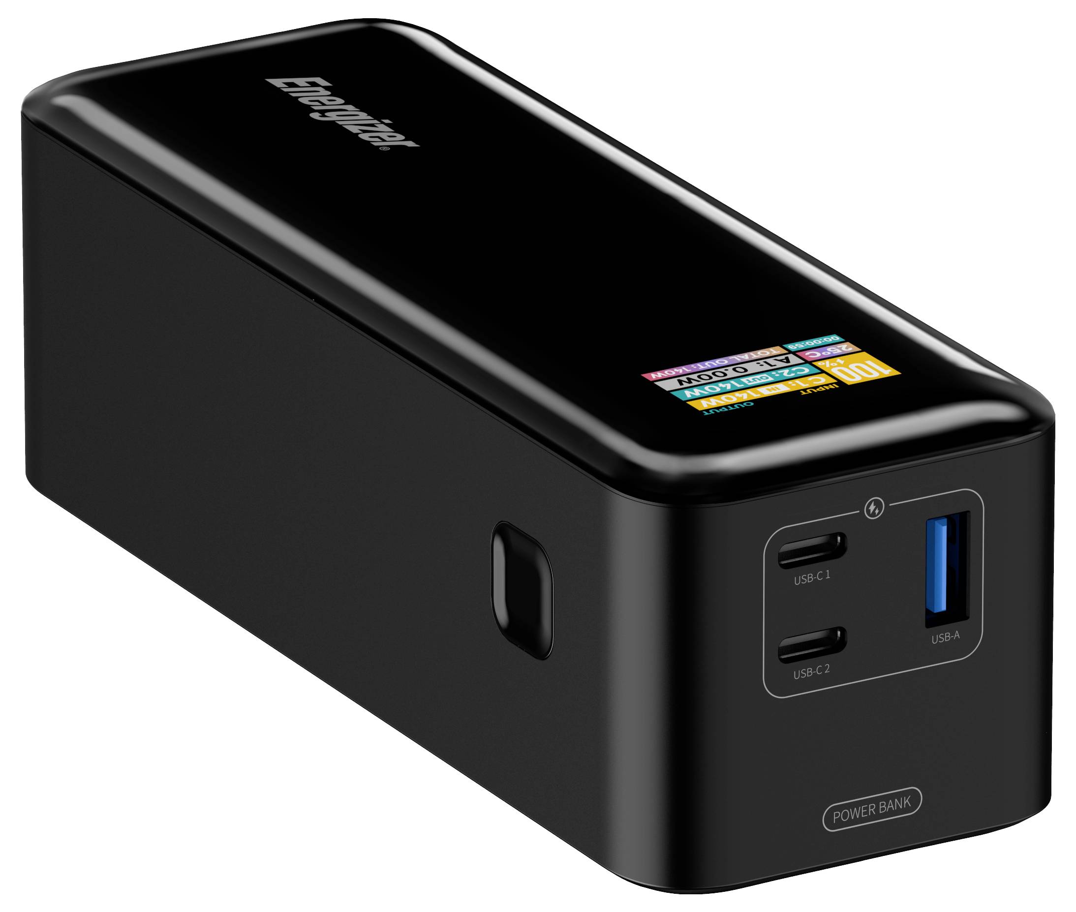 En sort powerbank mærket 'EnergyPak' med to USB-C-porte og en USB-A-port, vist på en hvid baggrund.