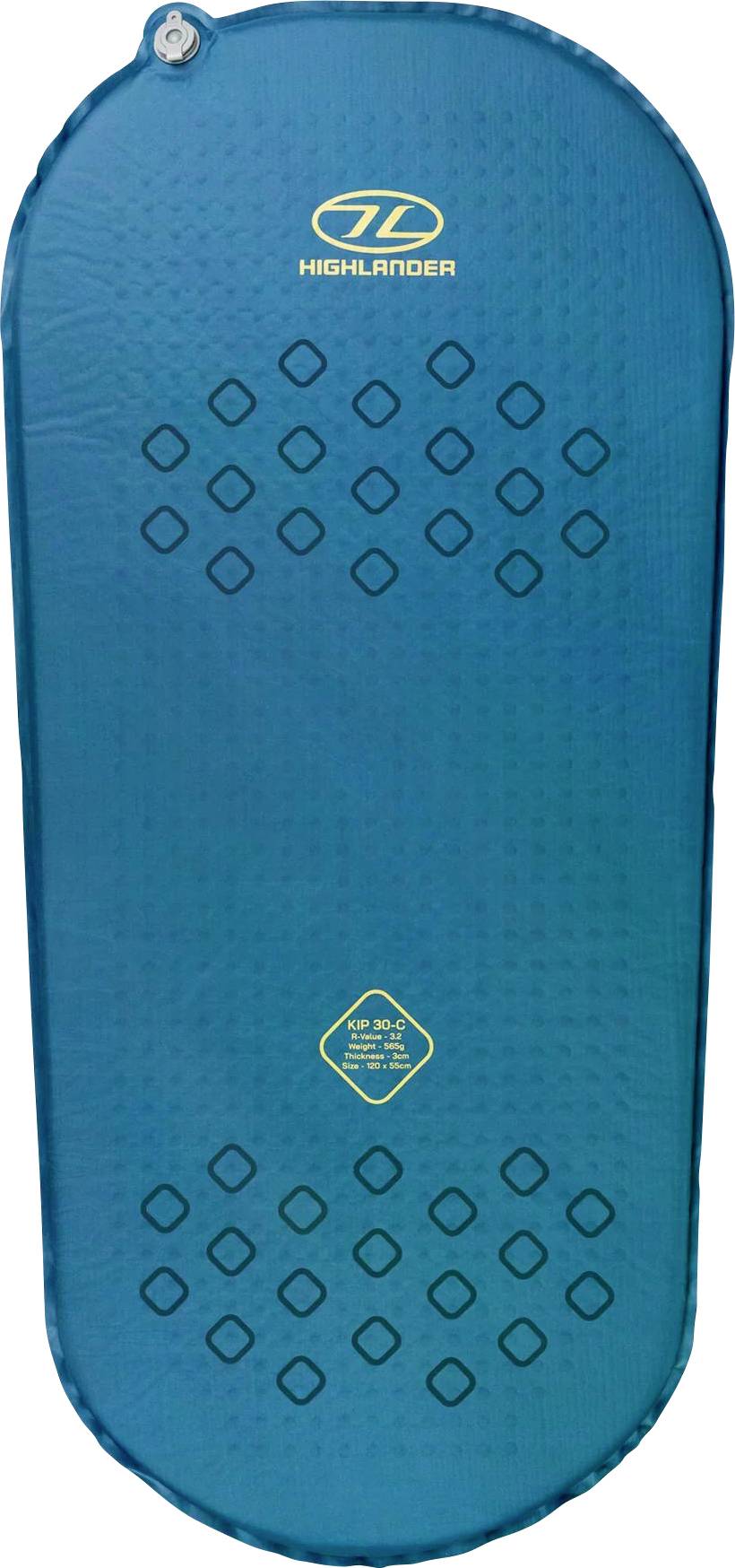 En blå selv-oppustende campingmåtte med ventil på den ene side og diamantmønster. Mærkenavnet "Highlander" er trykt øverst.
