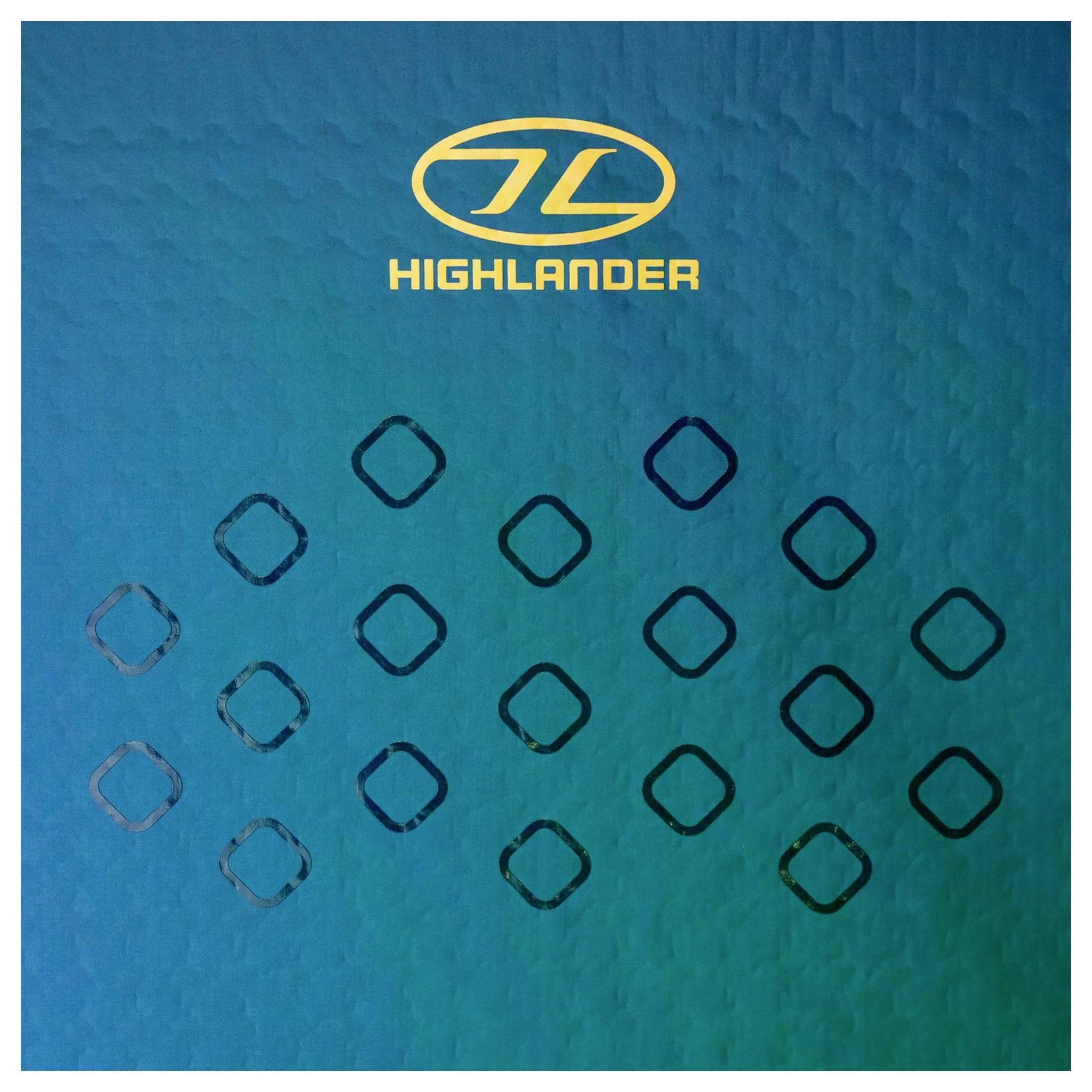 'Highlander'-logo med et stiliseret 'HL' over et mønster af diamantformer på en struktureret blå og grøn baggrund.