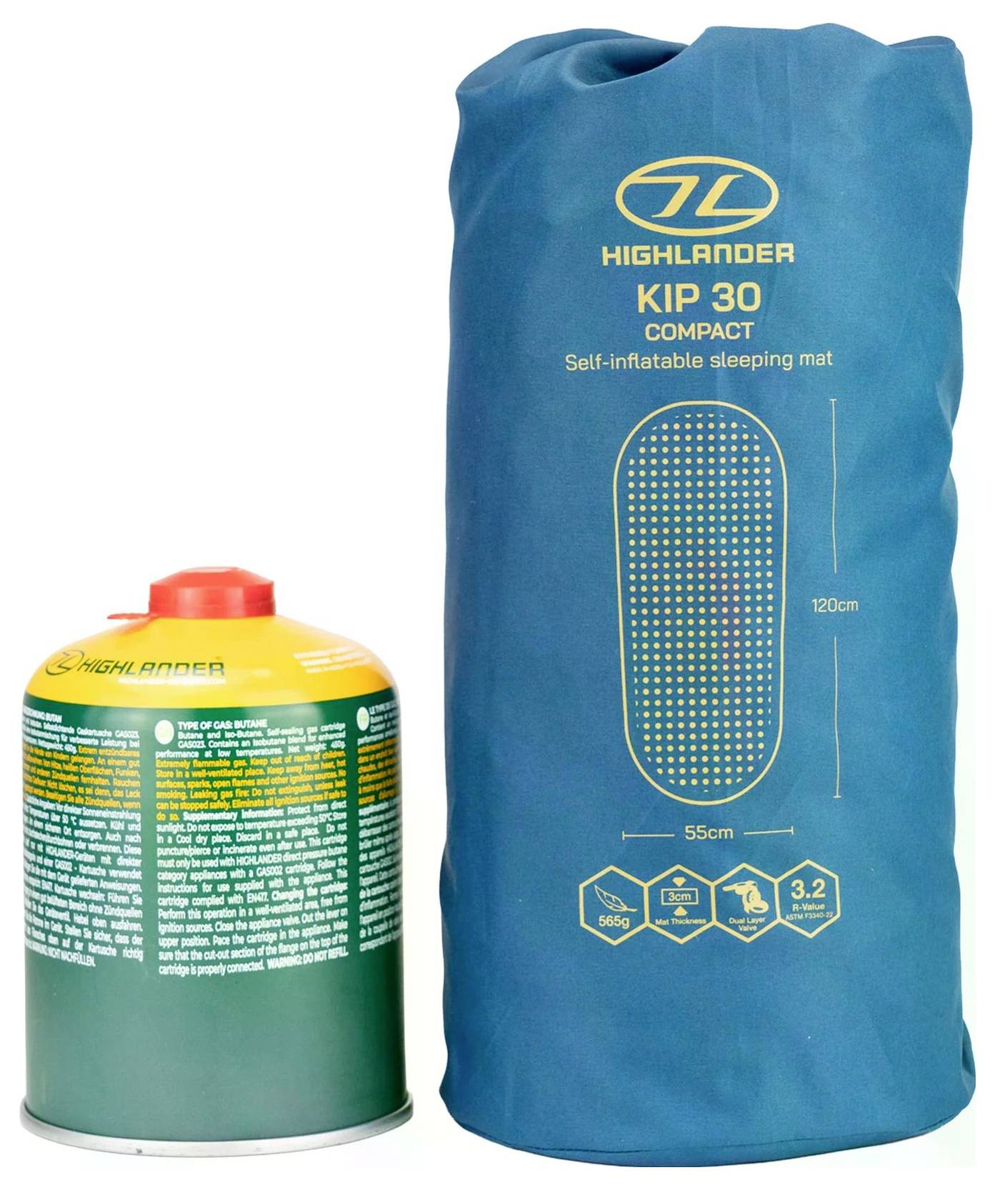 'Highlander KIP 30 Kompakt selvopblæsende liggeunderlag' i blå emballage ved siden af en Highlander gasbeholder, der viser dimensioner og funktioner.