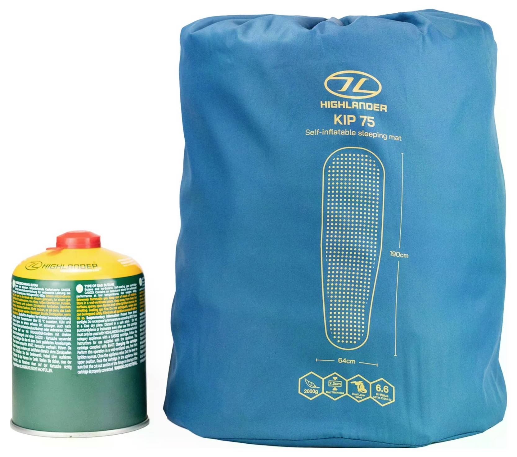 En blå sovemadraspak mærket 'Highlander KIP 75' med dimensioner ved siden af en gul og grøn campinggas-beholder.