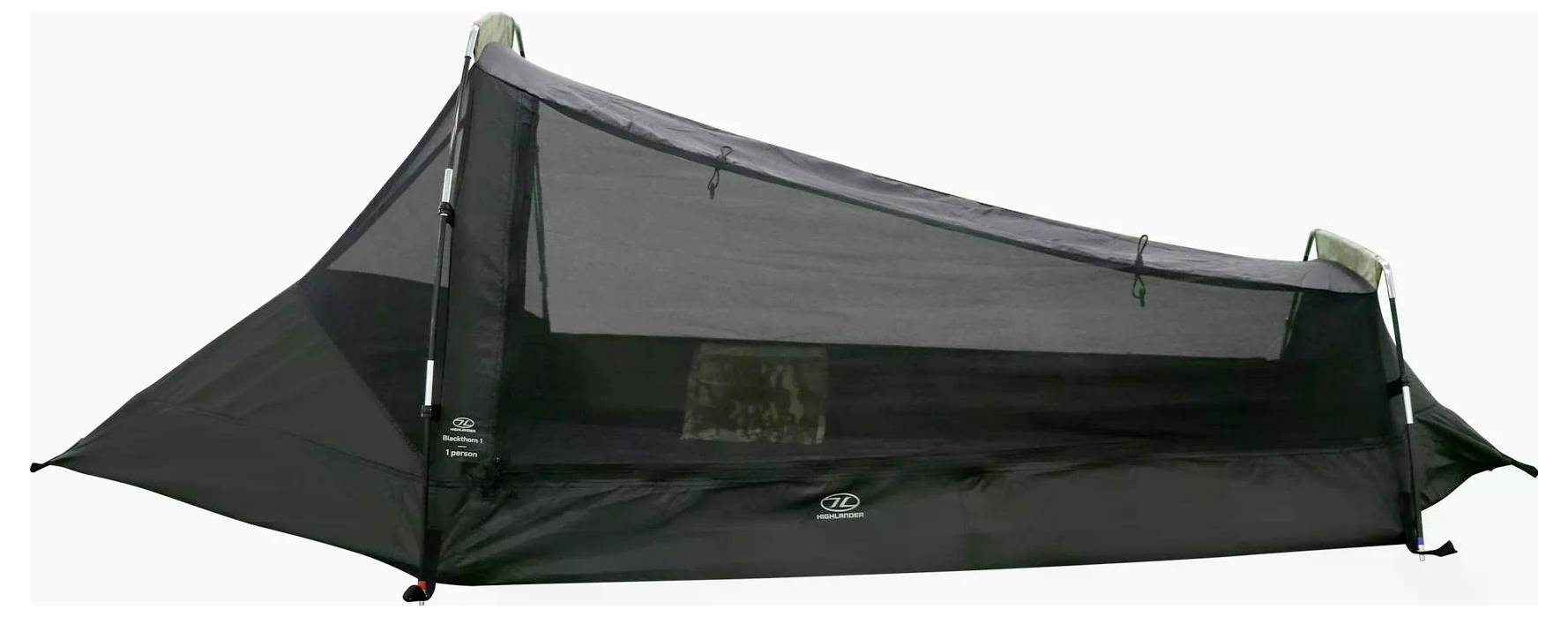 Et sort, enkeltmands campingtelt med nettagtekstil til ventilation og et let, kompakt design, velegnet til udendørs ture.