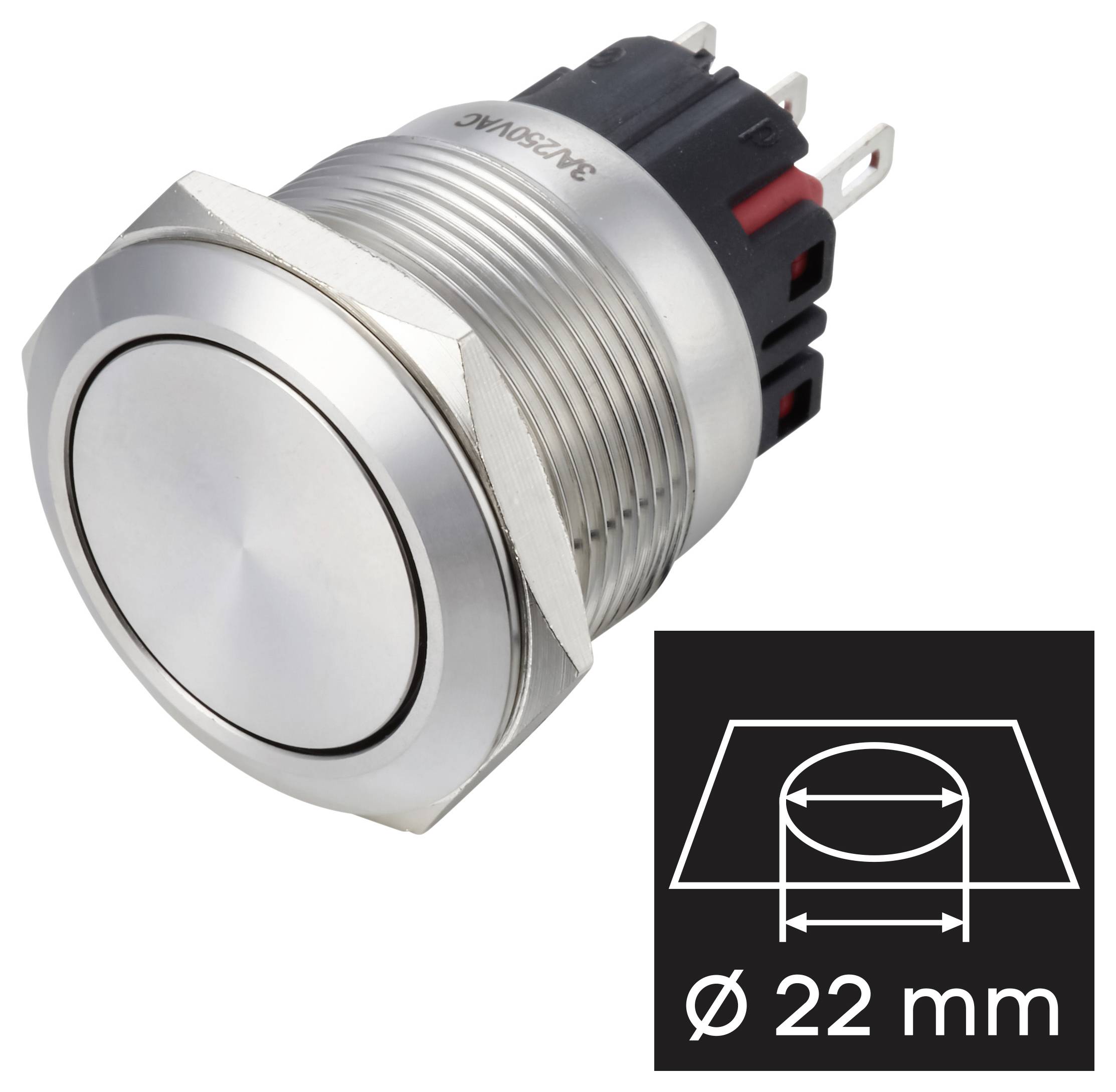 Sølvmetalknap med 22 mm monteringsdiameter vist ved siden af et størrelsesdiagram mærket 'Ø 22 mm'.