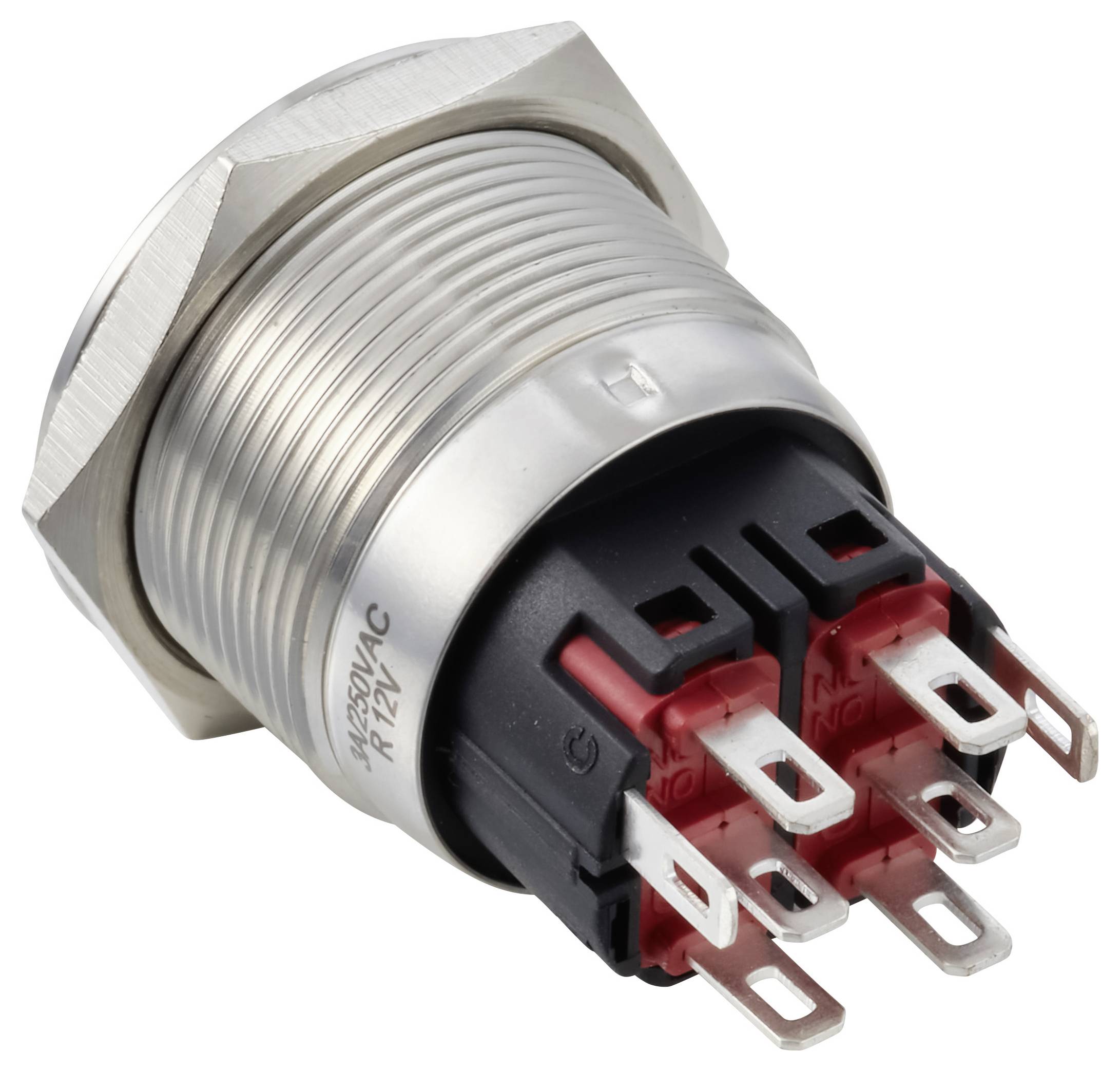 Nærbillede af en metalskruetråd-trykknap med seks elektriske terminalstifter.