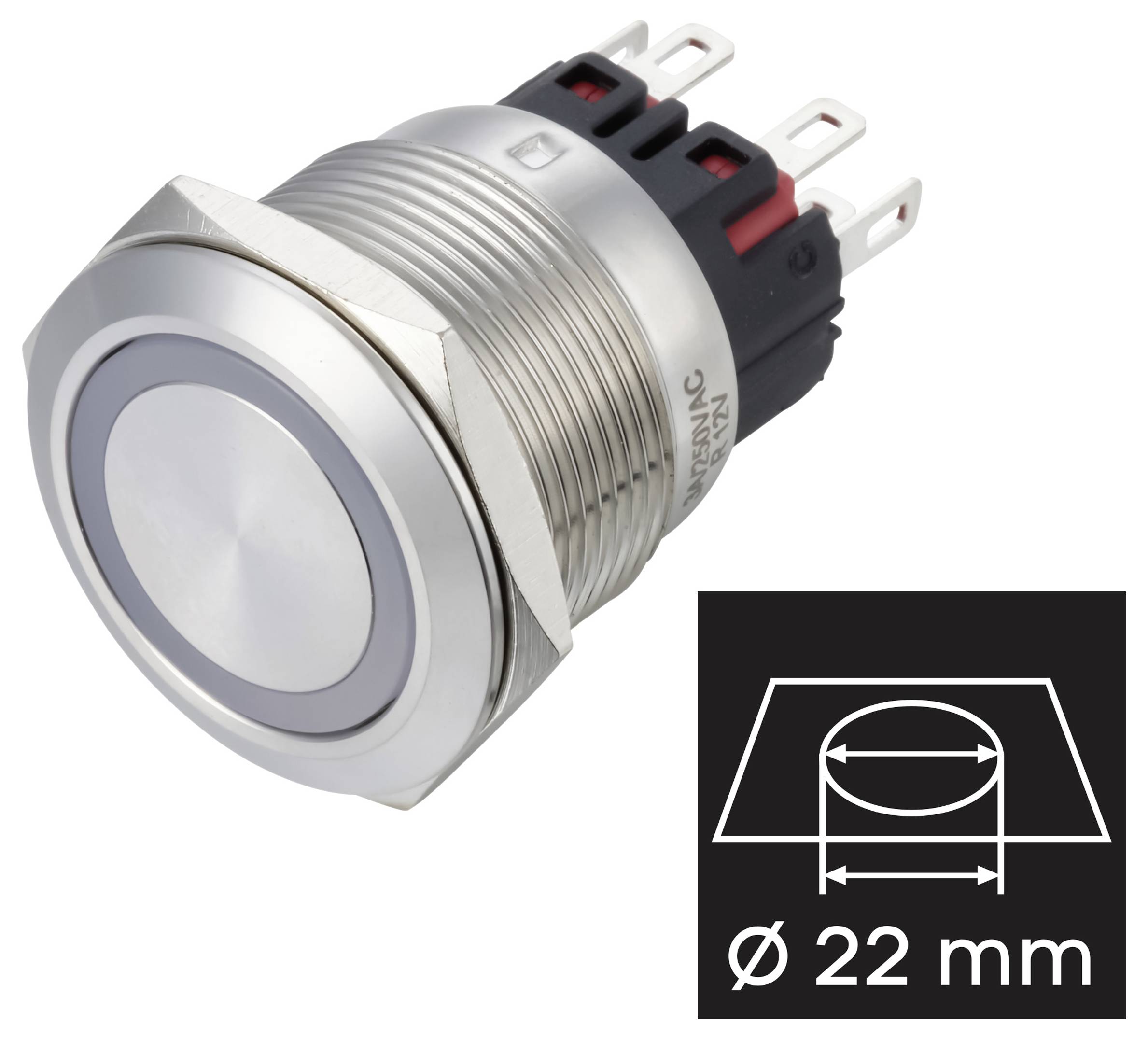 Metalknap-kontakt med en montagediameter på 22 mm vist i et produktstilbillede med et diagram, der angiver størrelsen.