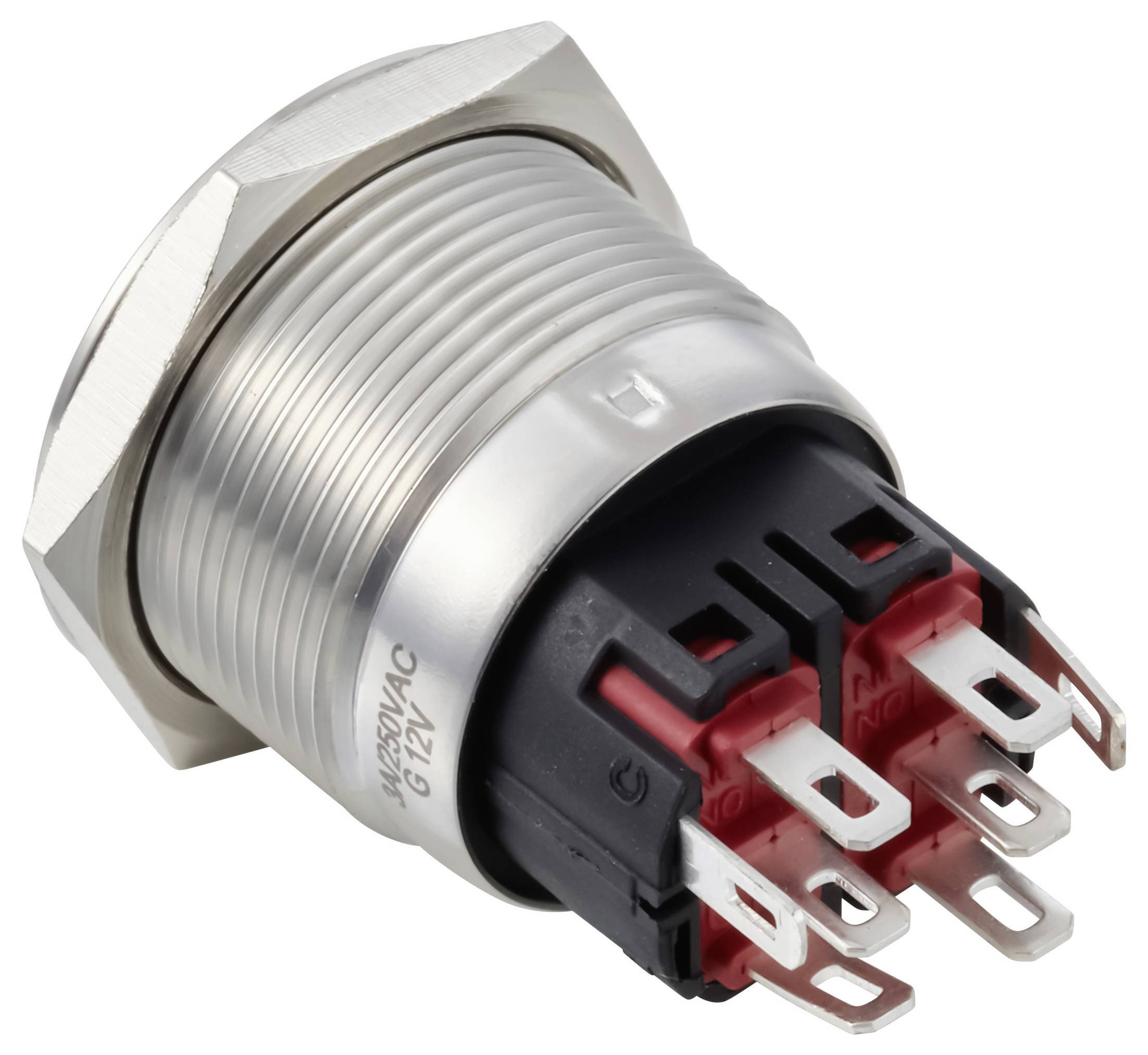 Metalknap-monteringspushbutton-switch med gevind sølvfarvet krop og seks elektriske terminaler.