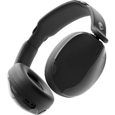 Sorte trådløse over-ear hovedtelefoner med polstrede ørekupler og en glat, justerbar hovedbånd vinkles for at vise et dødningehoveds-logo.