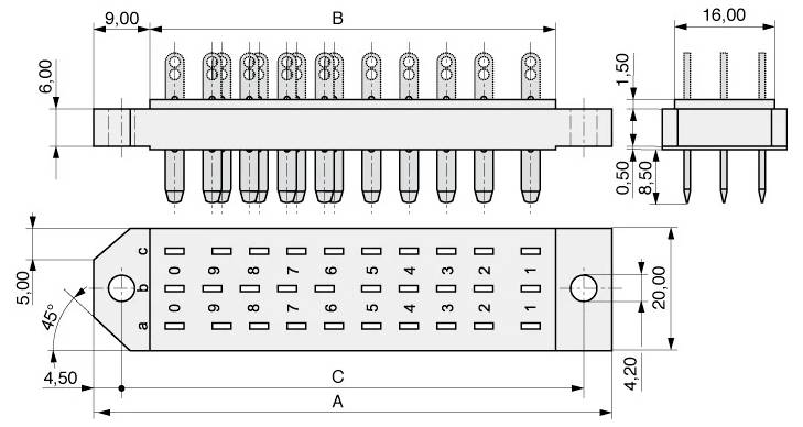Teknisk tegning af en stiftforbinder, der viser dimensioner og stiftnummerering. Visninger omfatter top-, side- og frontvisning med målinger i mm.