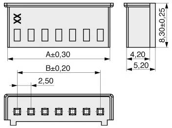 'Stikconnectorens dimensionsdiagram viser top- og sidevisninger: længde A ±0,30, bredde B ±0,20, højde 8,30 ±0,25 og stiftafstand 2,50.'