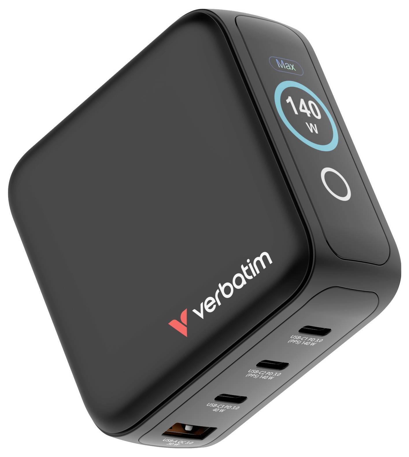 'Verbatim 140W oplader' med tre USB-C-porte og en USB-A-port, med sort kompakt design.