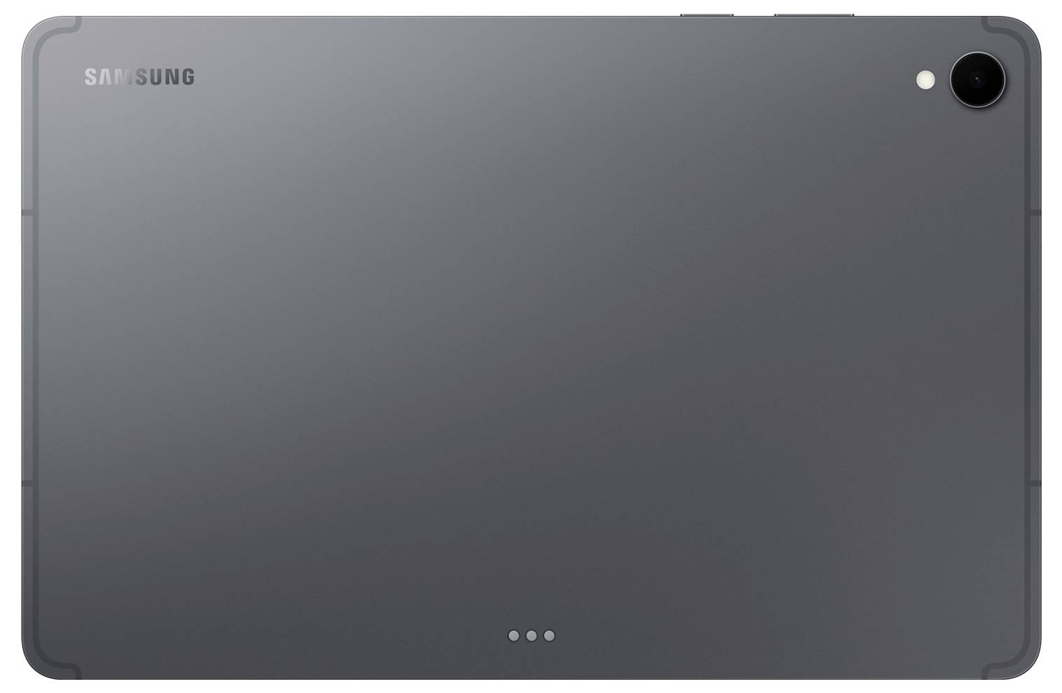 En grå Samsung-tablet set fra bagsiden, der viser kameraet i øverste højre hjørne.