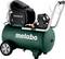 Grøn Metabo luftkompressor med hjul, håndtag og målere på toppen. Model 'Basic 300-50' vist, designet til forskellige pneumatiske værktøjer.