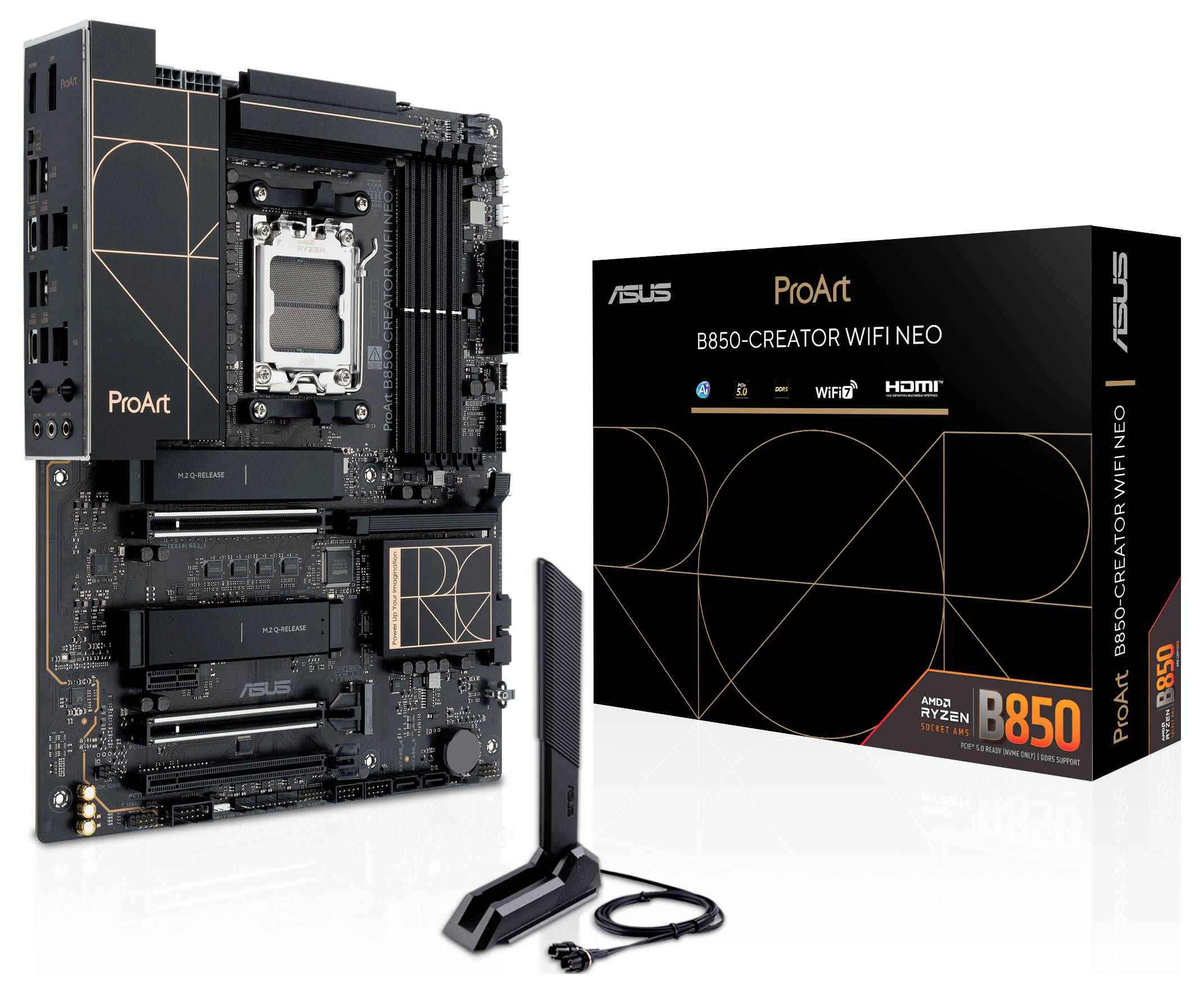 'ASUS ProArt B850-Creator WiFi NE0' bundkort og emballage, der viser funktioner som WiFi 7 og HDMI-understøttelse.