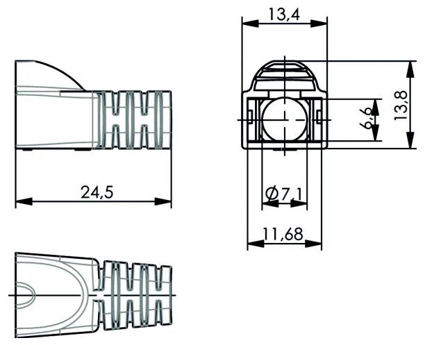 Teknisk tegning af en lille cylindrisk del vist i side- og frontvisninger, med dimensioner mærket 24,5, 13,4, 13,8, 11,68, 6,6 og Ø7,1 mm.