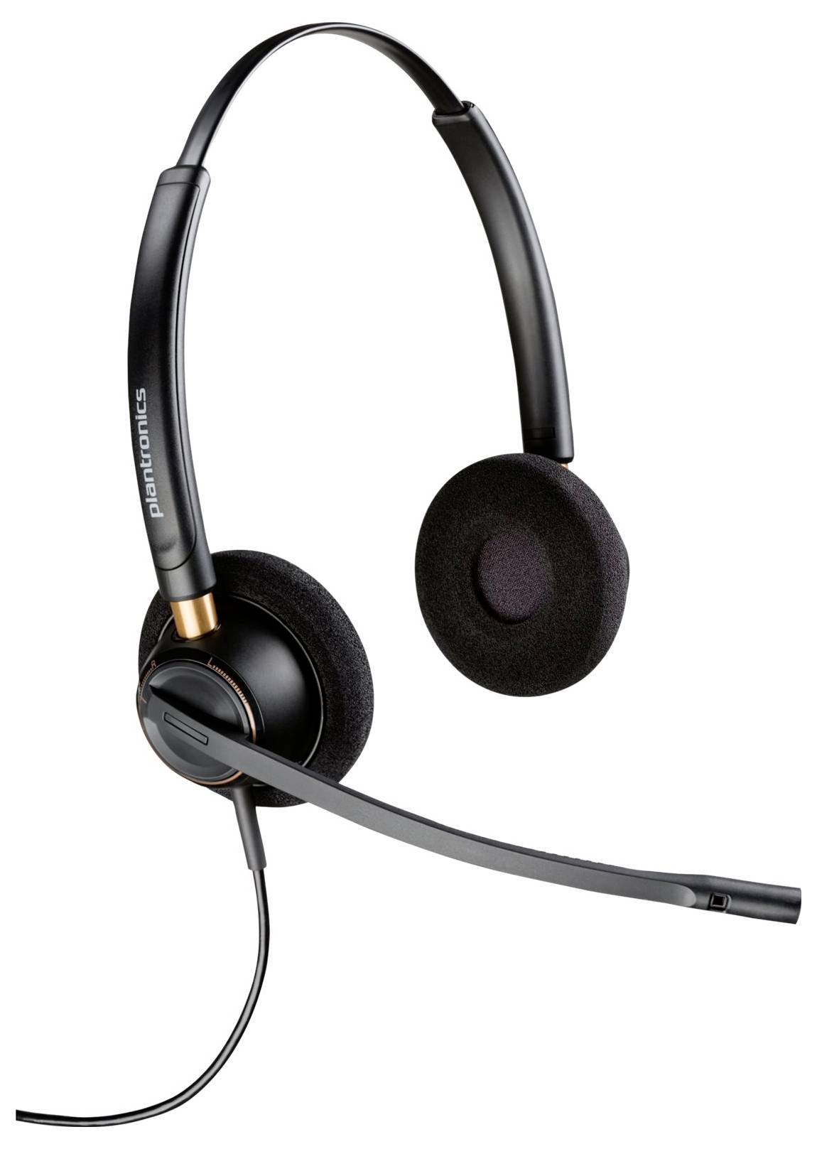 Et sort, ledningsforbundet headset med en mikrofon-boom, med bløde ørekudder og et justerbart hovedbånd til komfortabel lydkommunikation.