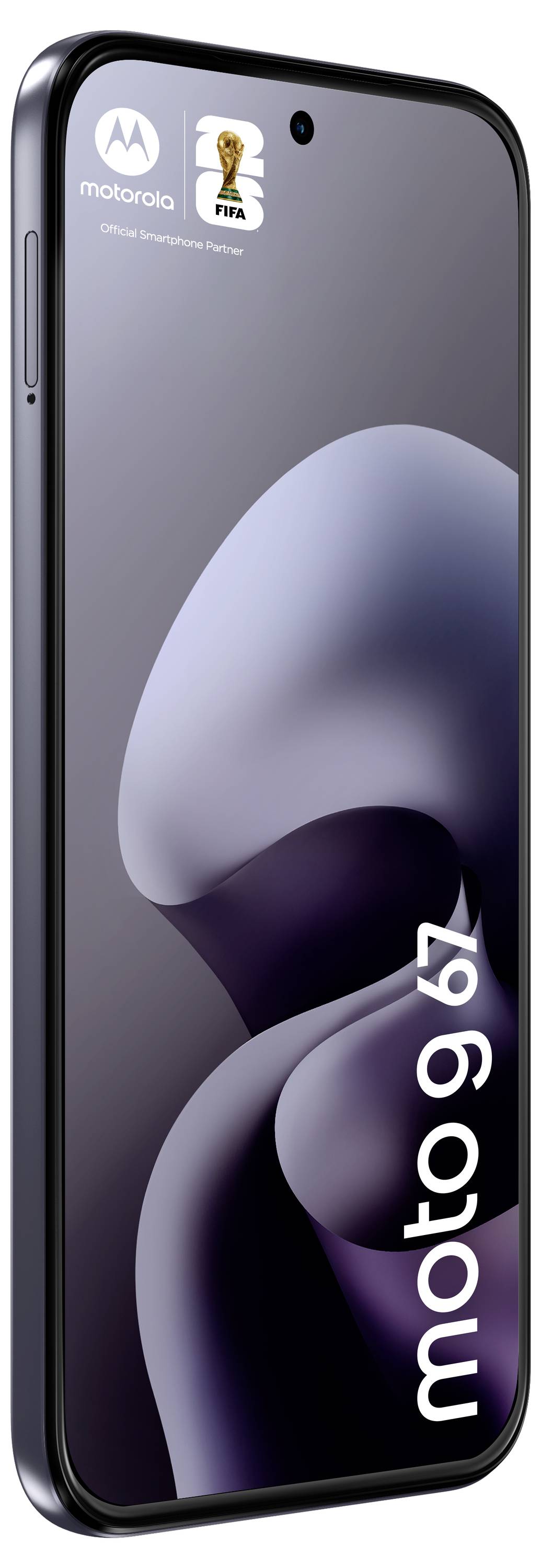 Smartphone med elegant design med buet kantdisplay. Skærmen viser "moto g42"-mærkning nær bunden.