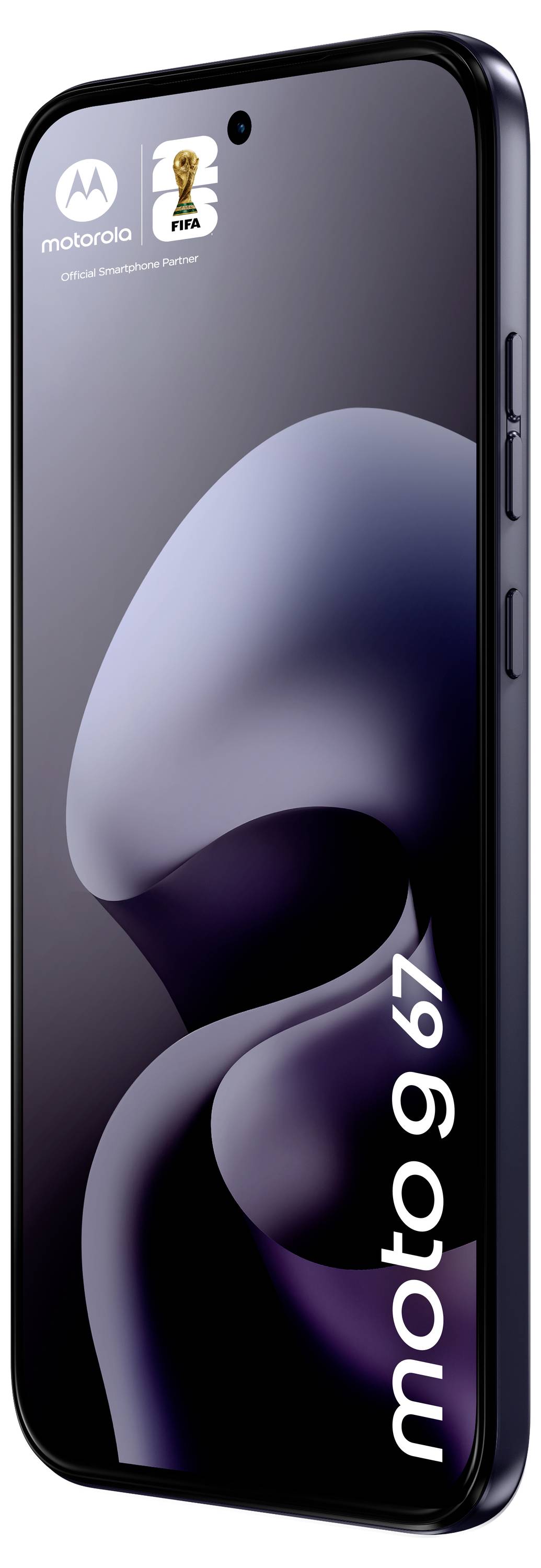 Frontvisning af en sort Motorola-smartphone med tynde kanter, mærket 'moto g 67'. FIFA World Cup 2022-logo i øverste venstre hjørne.
