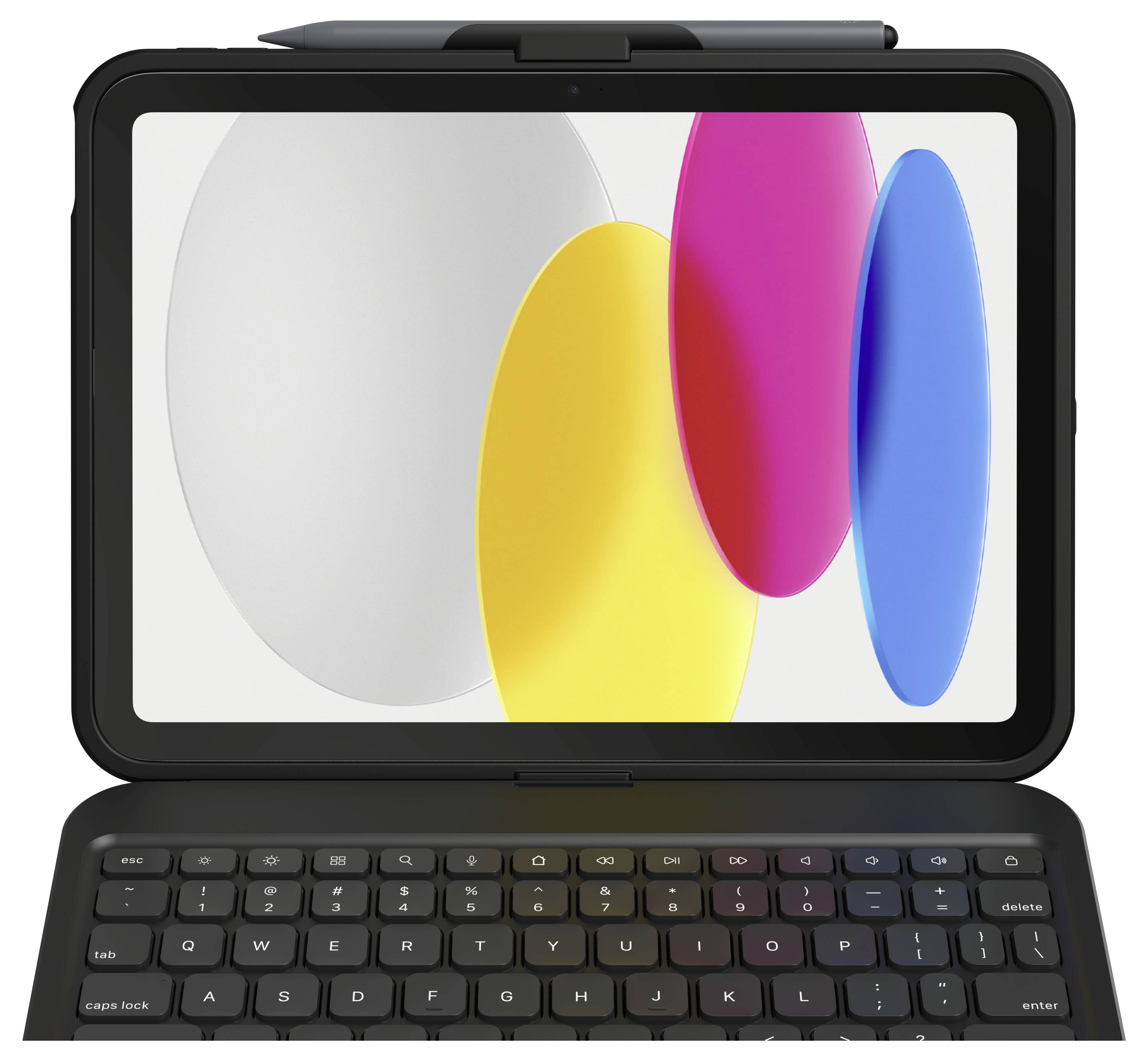 En tablet med tastatur viser et farverig abstrakt design på skærmen, der består af overlappende ovalformer i hvidt, pink, gult og blåt.
