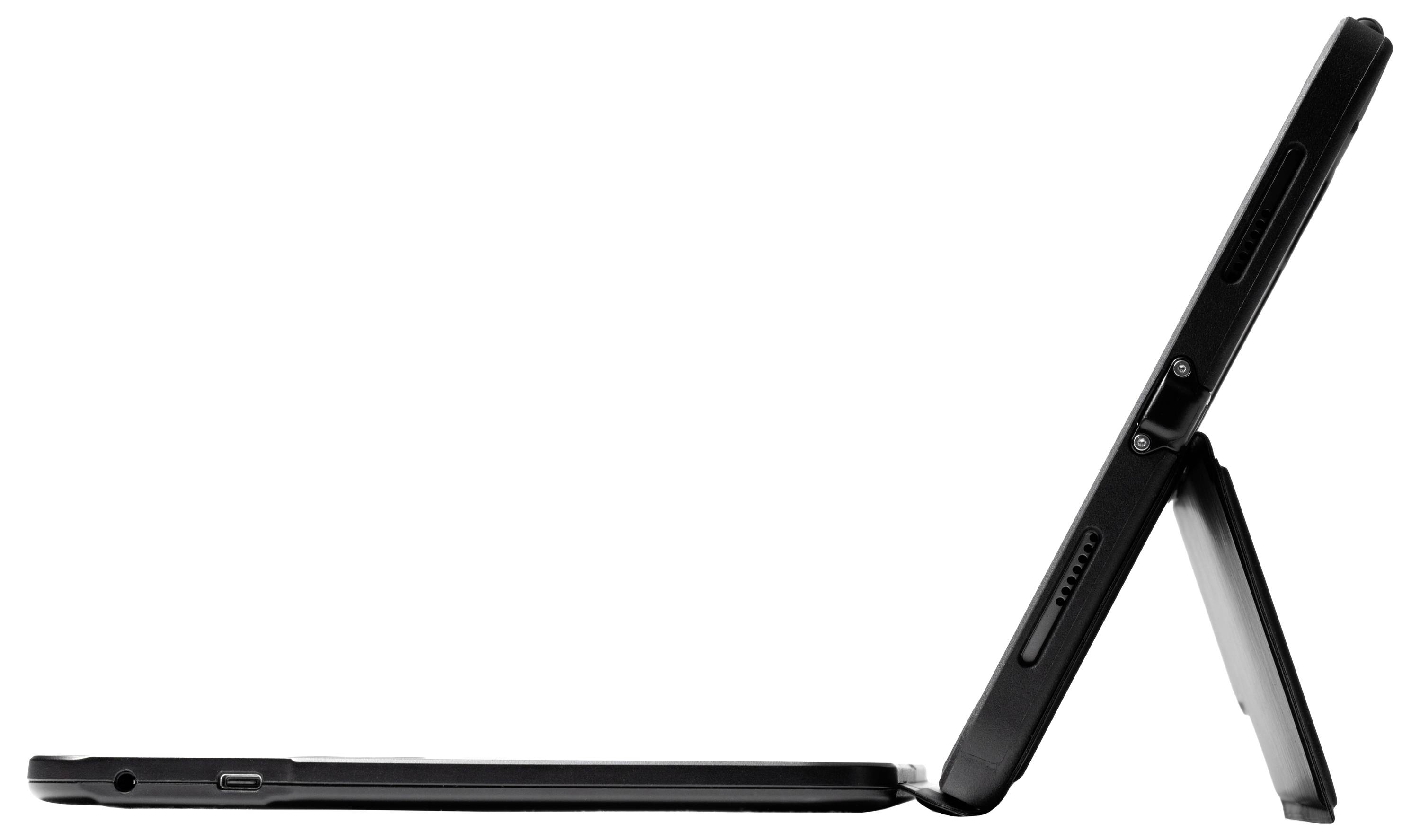 En smal sort tablet med et justerbart stativ, set fra siden, som viser dens elegante design og portabilitet.