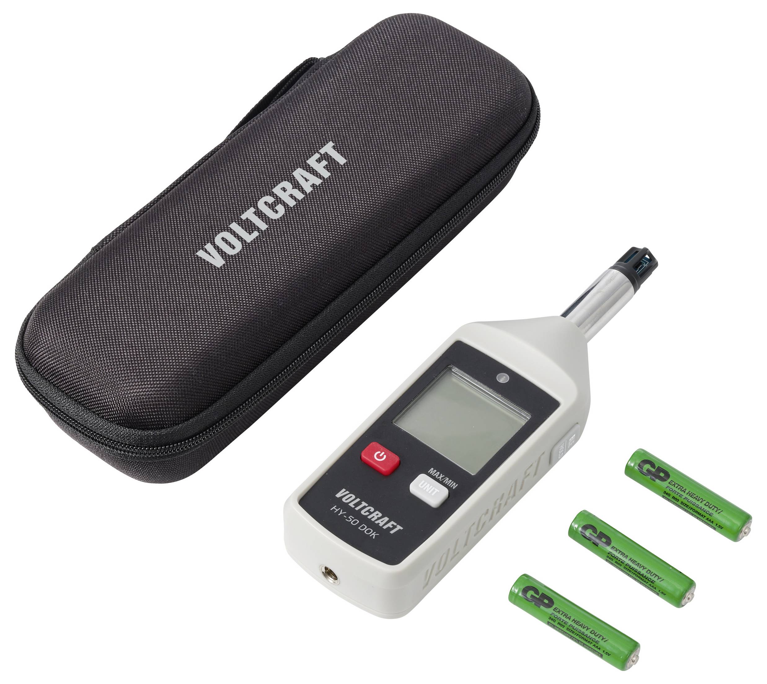 Voltcraft fugtmåler med probe, transportkasse og tre grønne batterier på hvid baggrund.