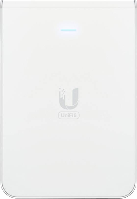 En hvid UniFi6-netværksenhed med et lysende indikatorlys øverst, som viser UniFi-logoet i midten.
